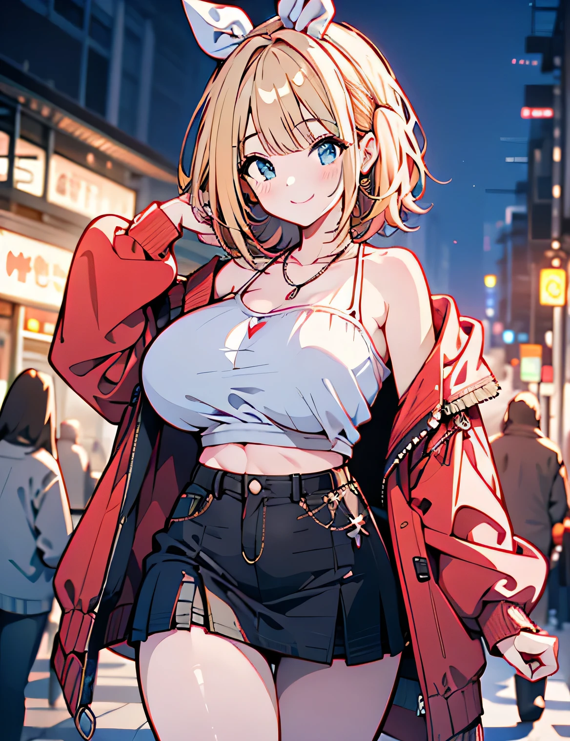 gonzarez, masterpiece, Serenaj, 1girl,l solo,
blue eyes, blonde hair, medium hair, open eyes, night background , pink skirt, bra, medium breast