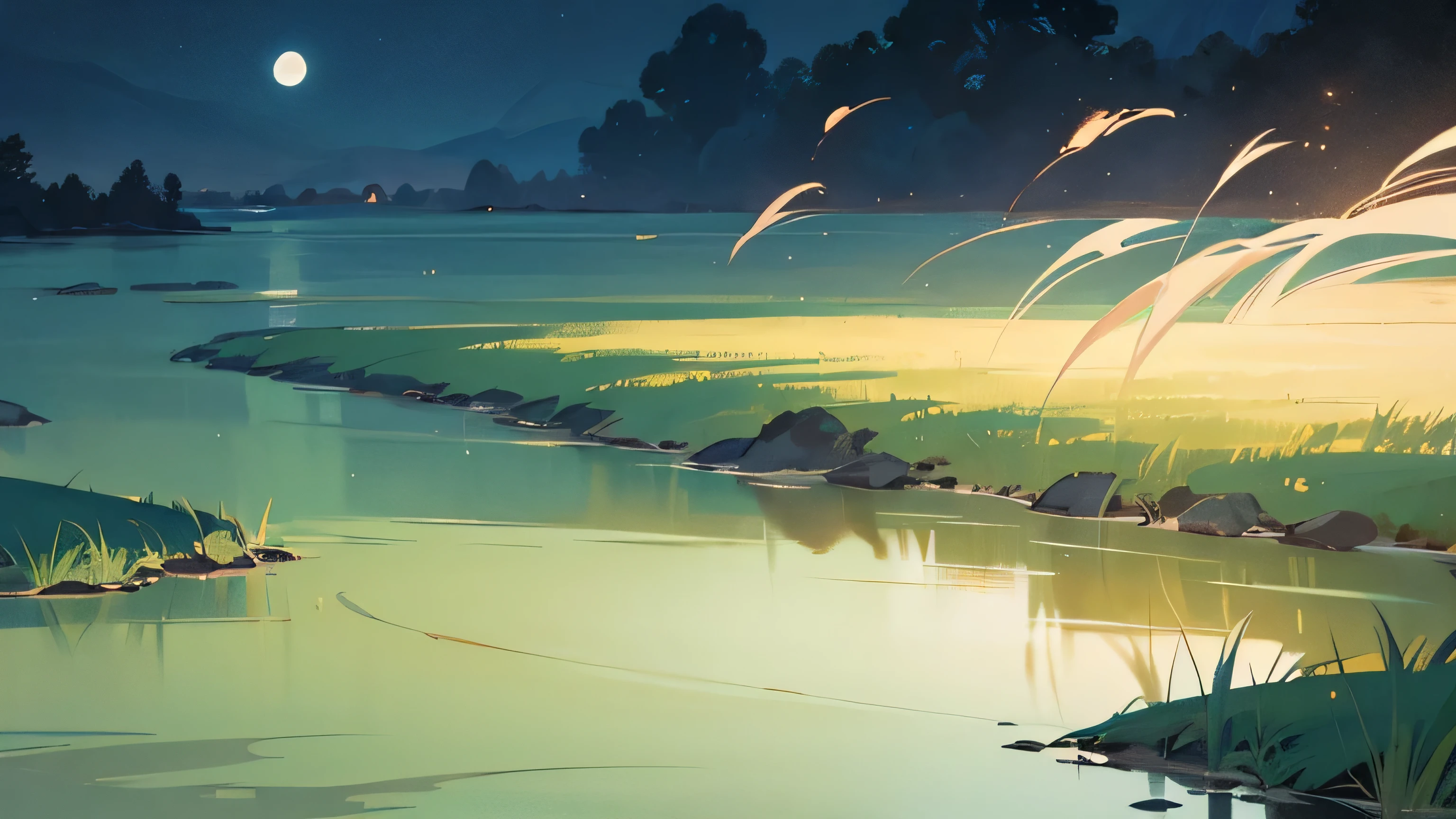 landscape painting with no one、landscape of folk tales、anime style、pastel tones、A large empty wooden bowl is floating on the river at night.、Big grass grows on the coast、The moonlight is beautiful