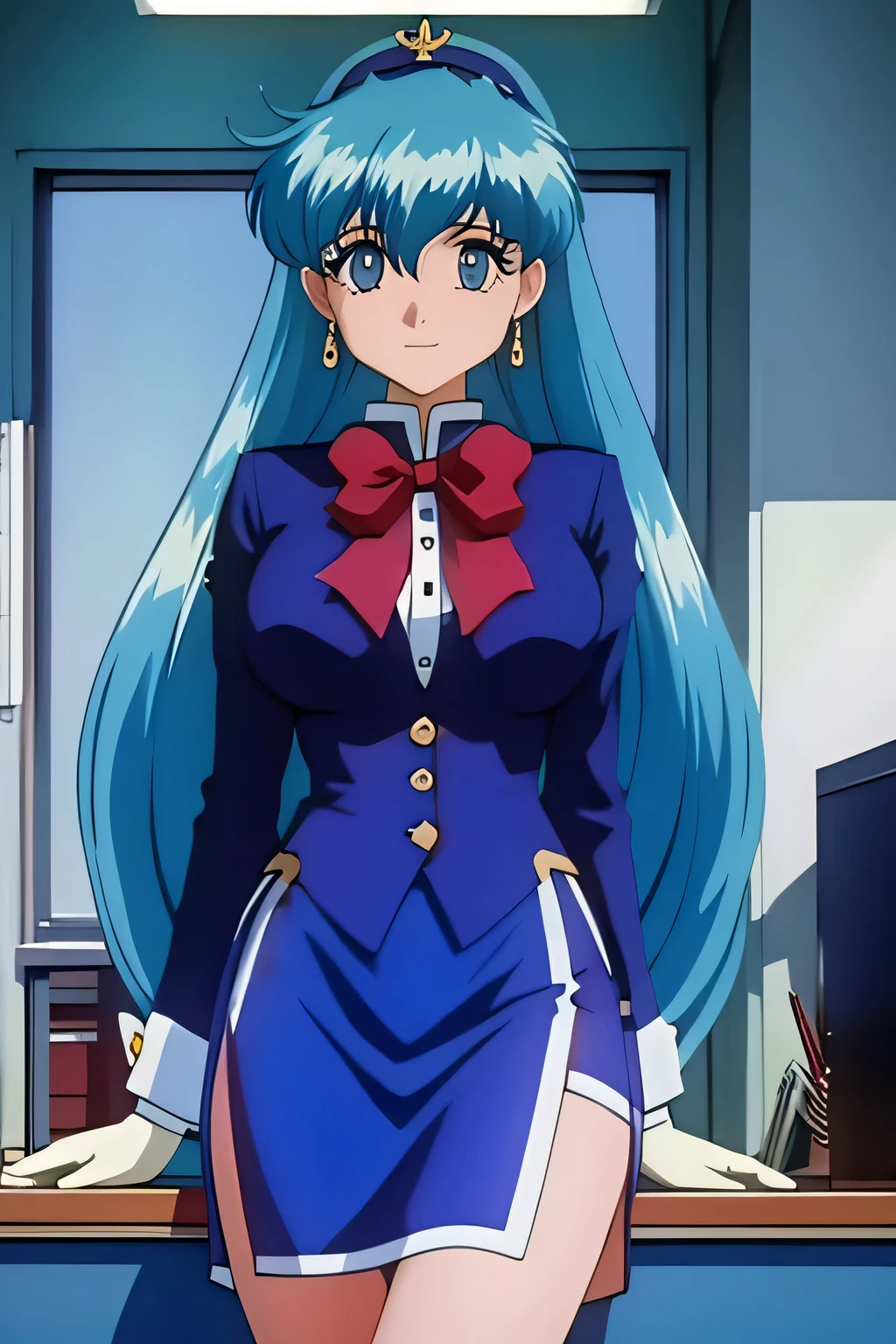 (masterpiece, best quality:1.2), Heavenly Court Gui ，1 girl, office, formal clothes, alone,Exquisite blue hair color，Eyes are very delicate, perfect, highly detailed, office in background, elegent, cinematic, perfect body parts, aesthetic 
