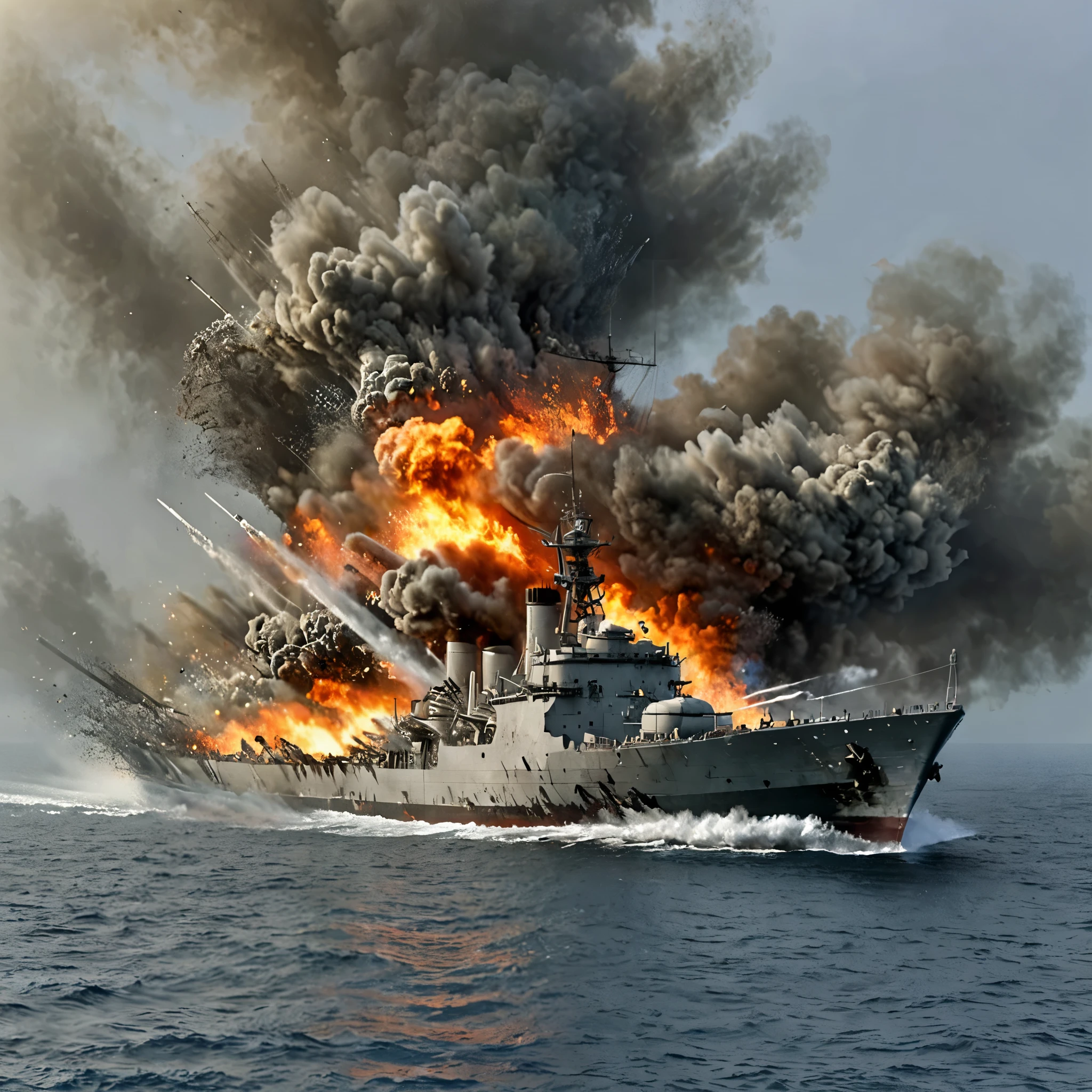 A modern war cruiser in the middle of sea, a fire erupted on the cruiser as it sinks