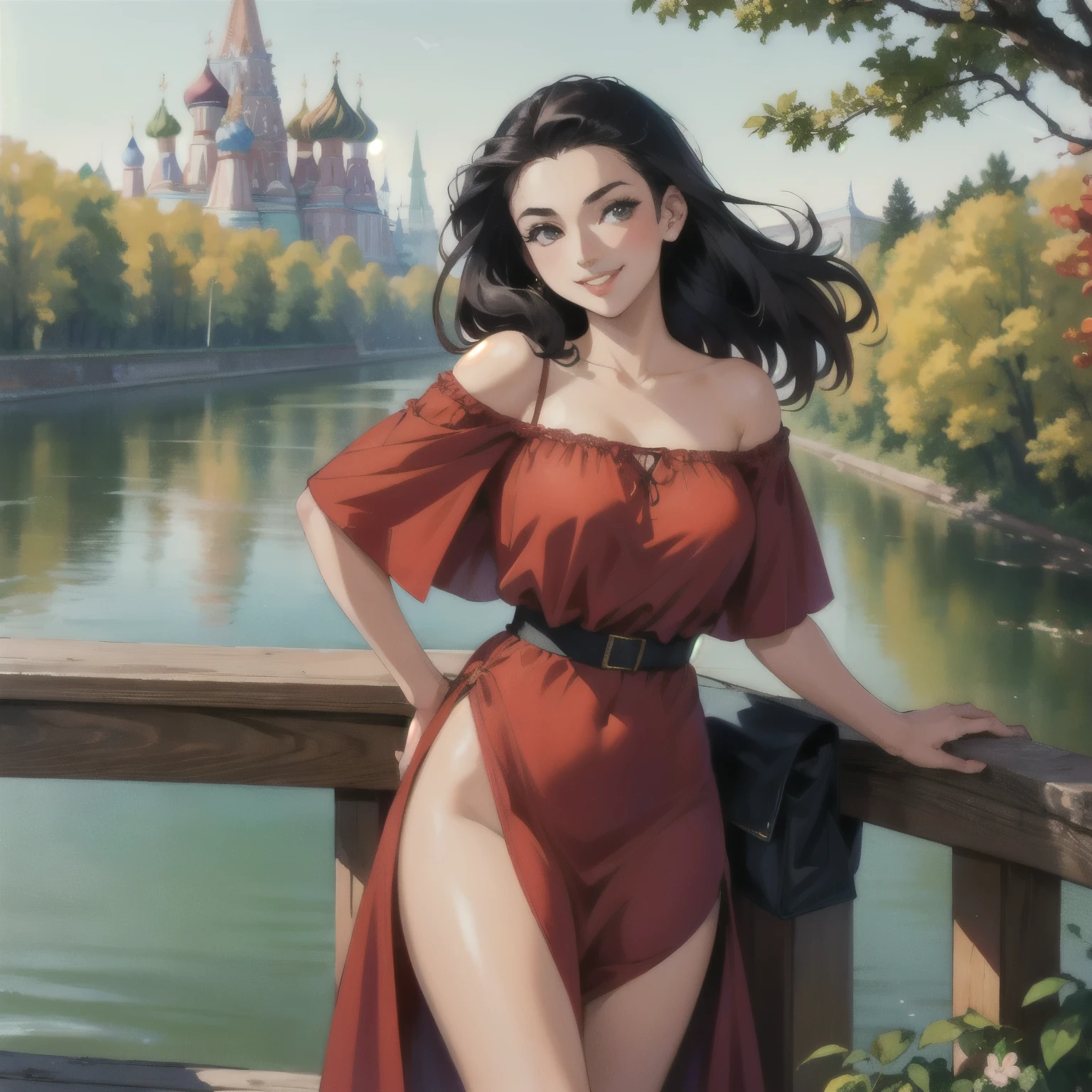 retro photography, 1970s , AGFA, Kodak, soviet girl wears loose dress, looking_at_viewer, lovely smile, Russia, Moscow, oak blossom, octane render, solo, Moscow river, Kremlin in the background