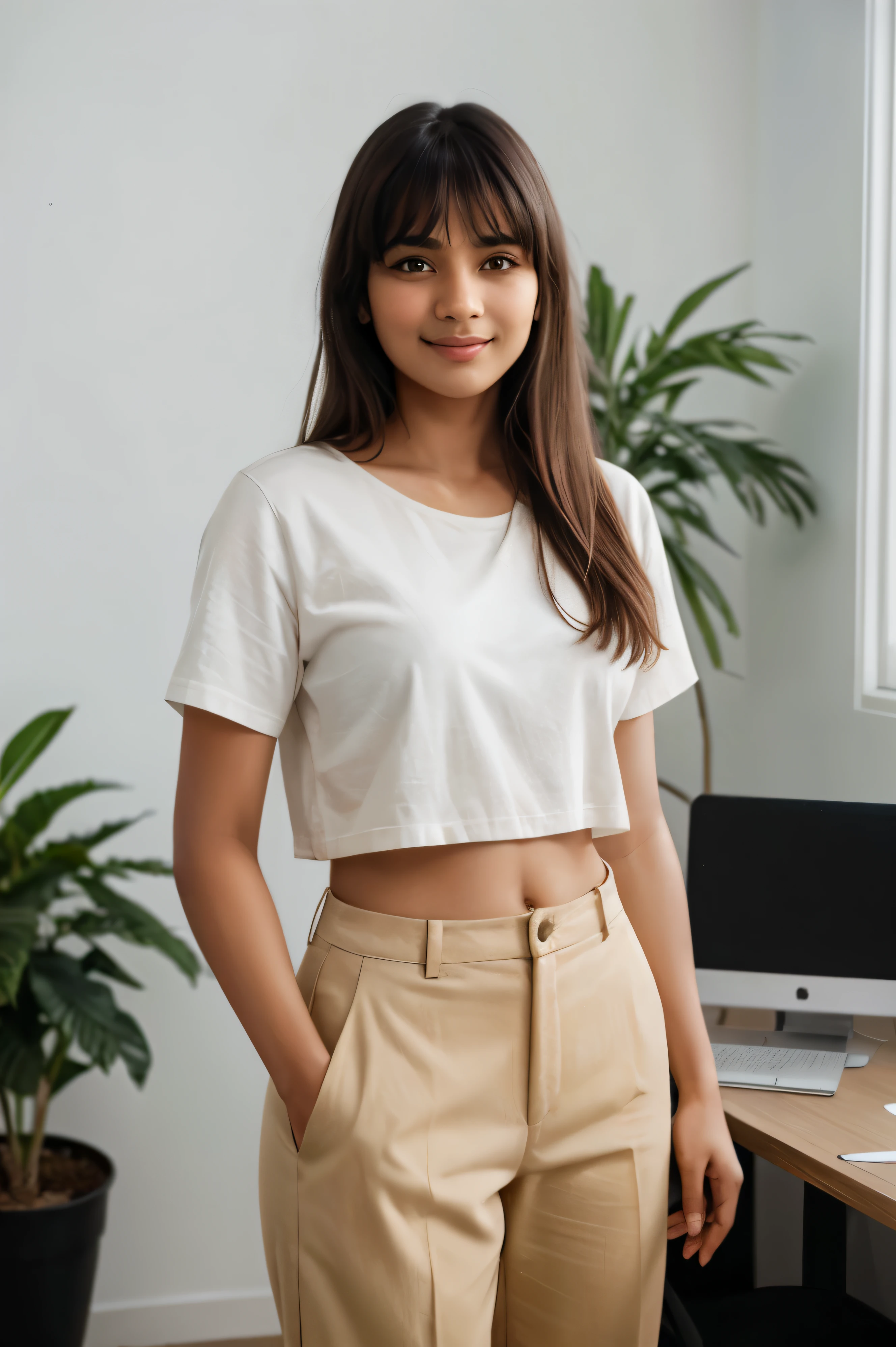 RAW Photo, DSLR BREAK a young Indian woman with bangs, (light smile:0.8), (smile:0.5), wearing a relaxed shirt and trousers, causal clothes, (looking at the viewer), focused, (modern and cozy office space), design agency office, spacious and open office, Scandinavian design space BREAK detailed, natural light, South Asian girl