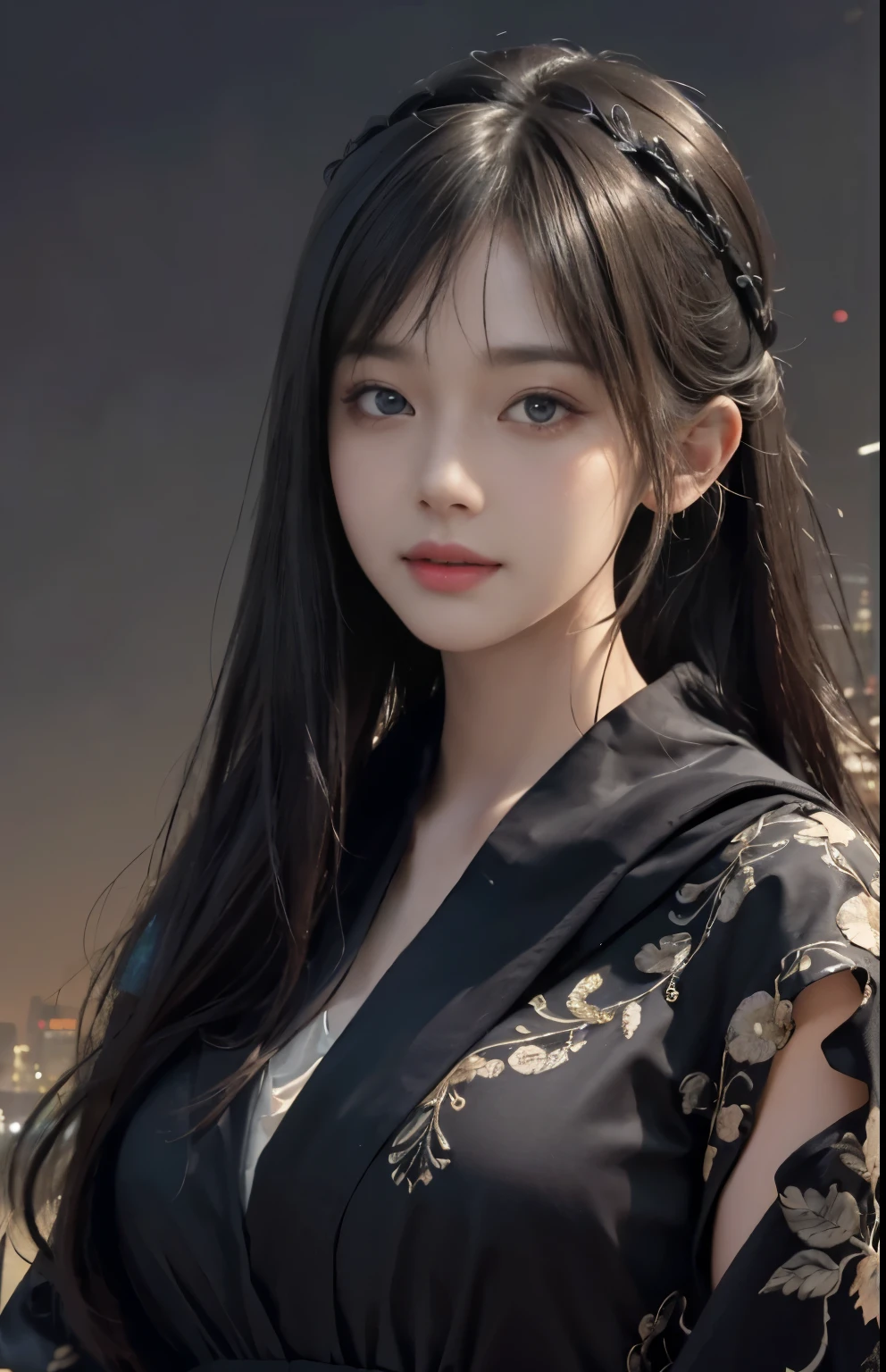 (Hyper-realistic) , (illustratio), (Increase the resolution), (8K), (extremely detaile), (Most Best Illustration), (Beautiful and delicate eyes), (best qualtiy), (ultra - detailed), (masterpiece), ( the wallpaper), (Detailed face), solo, looking at viewert, exquisite detailing, Detailed face, in the darkness nigth, deep shading, low tune,pureerosfaceace_V1, ssmile,long  straight hair，Black shawl, 46 points oblique bangs，plump breasts