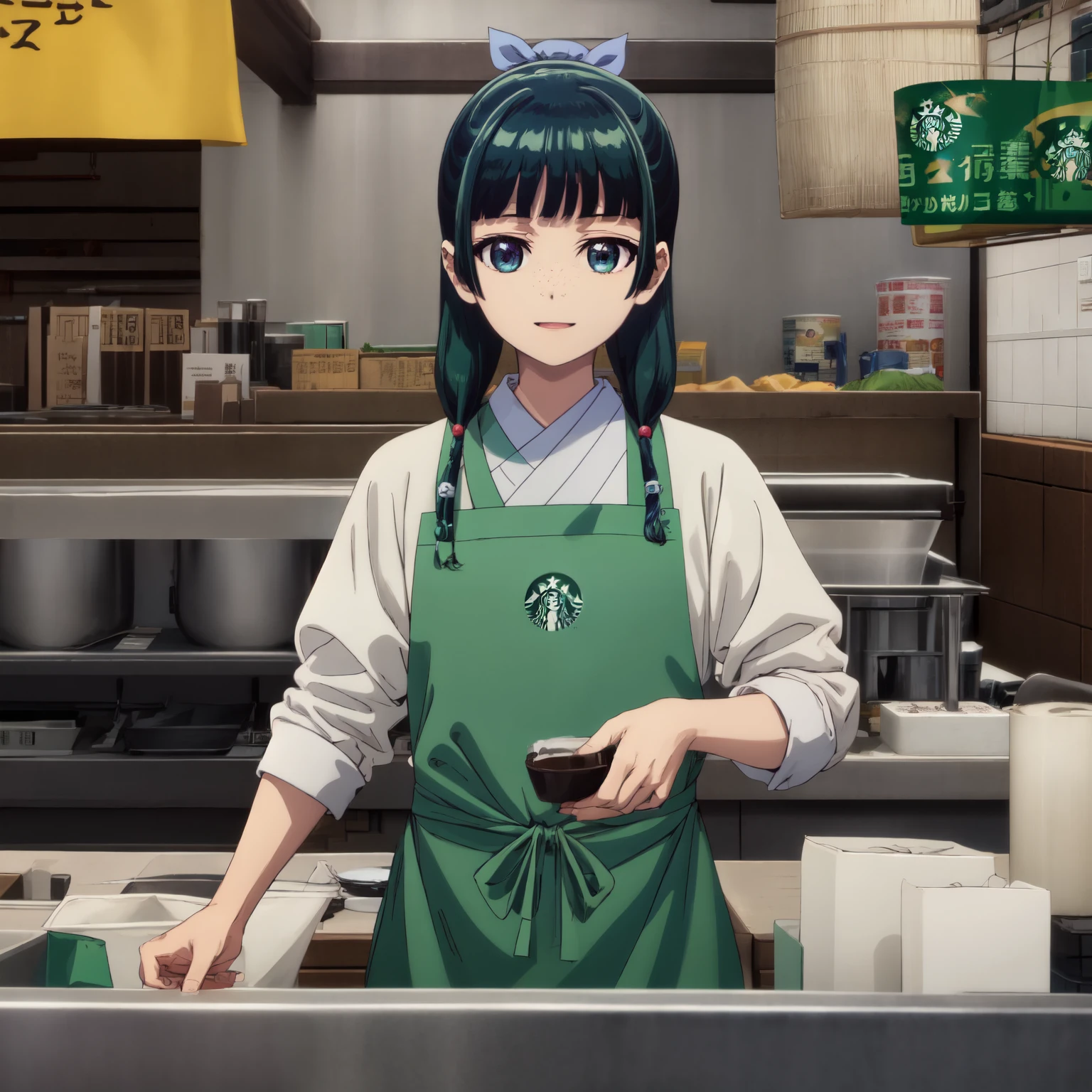 Are thin、green hairstyle,、Only one girl is in the picture、smile、solo shot、starbucks apron、starbucks work,white shirt