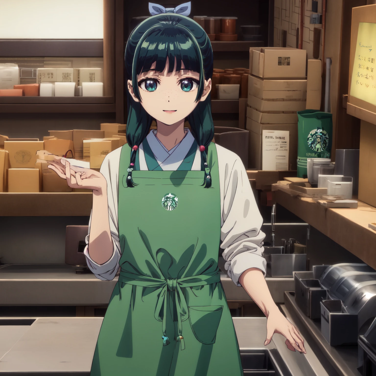 Are thin、green hairstyle,、Only one girl is in the picture、smile、solo shot、starbucks apron、starbucks work,white shirt