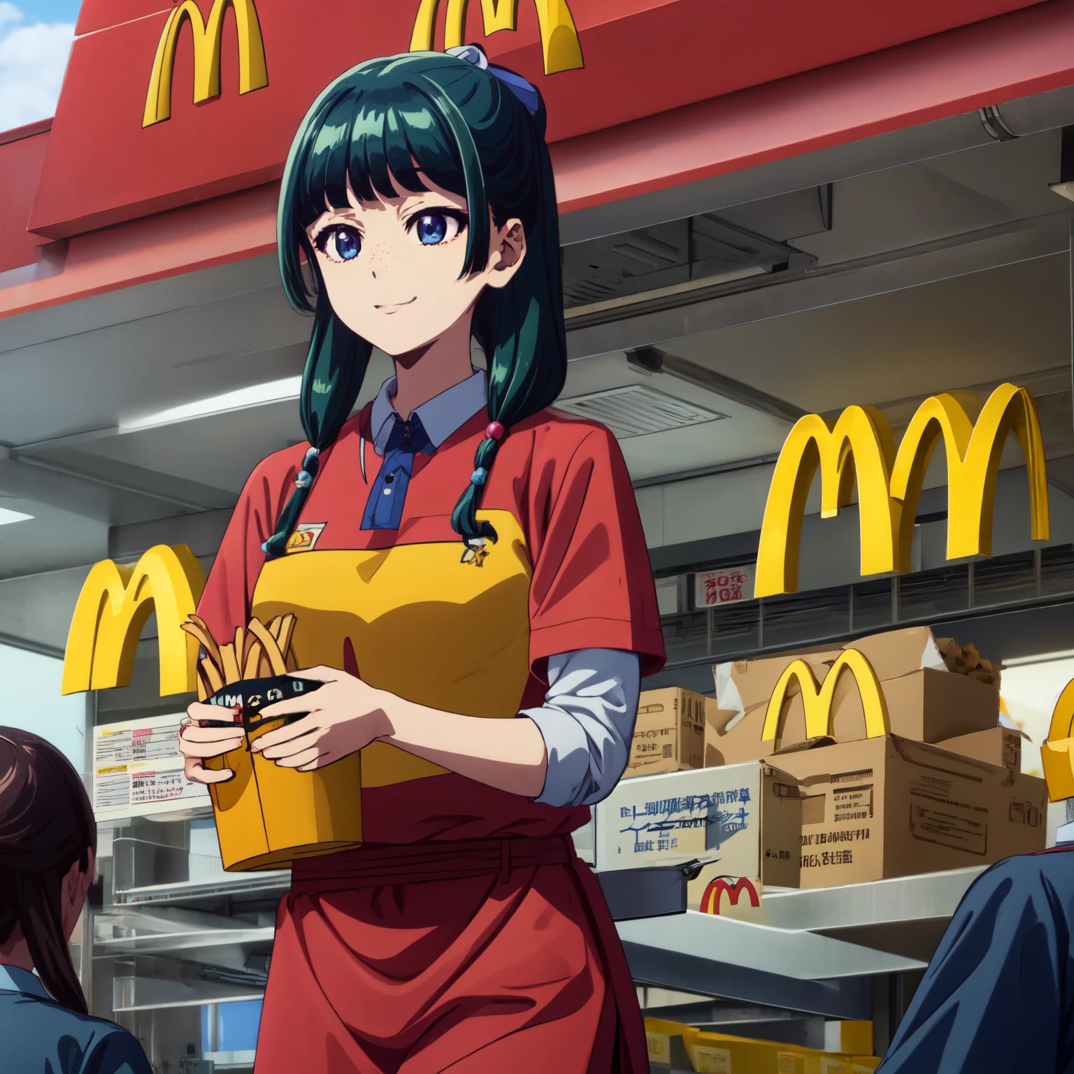 Are thin、green hairstyle,、Only one girl is in the picture、smile、solo shot、wearing McDonald&#39;s uniform