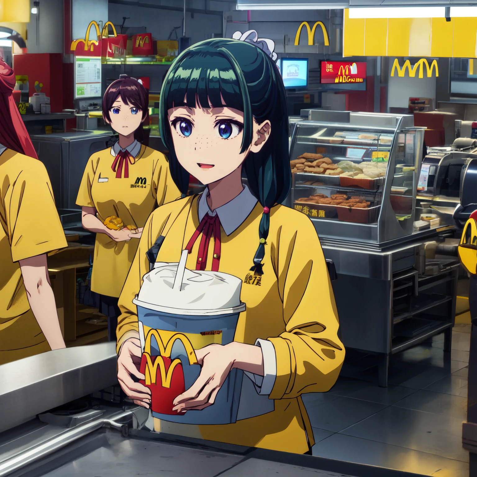 Are thin、green hairstyle,、Only one girl is in the picture、smile、solo shot、wearing McDonald&#39;s uniform、I work at McDonald&#39;s