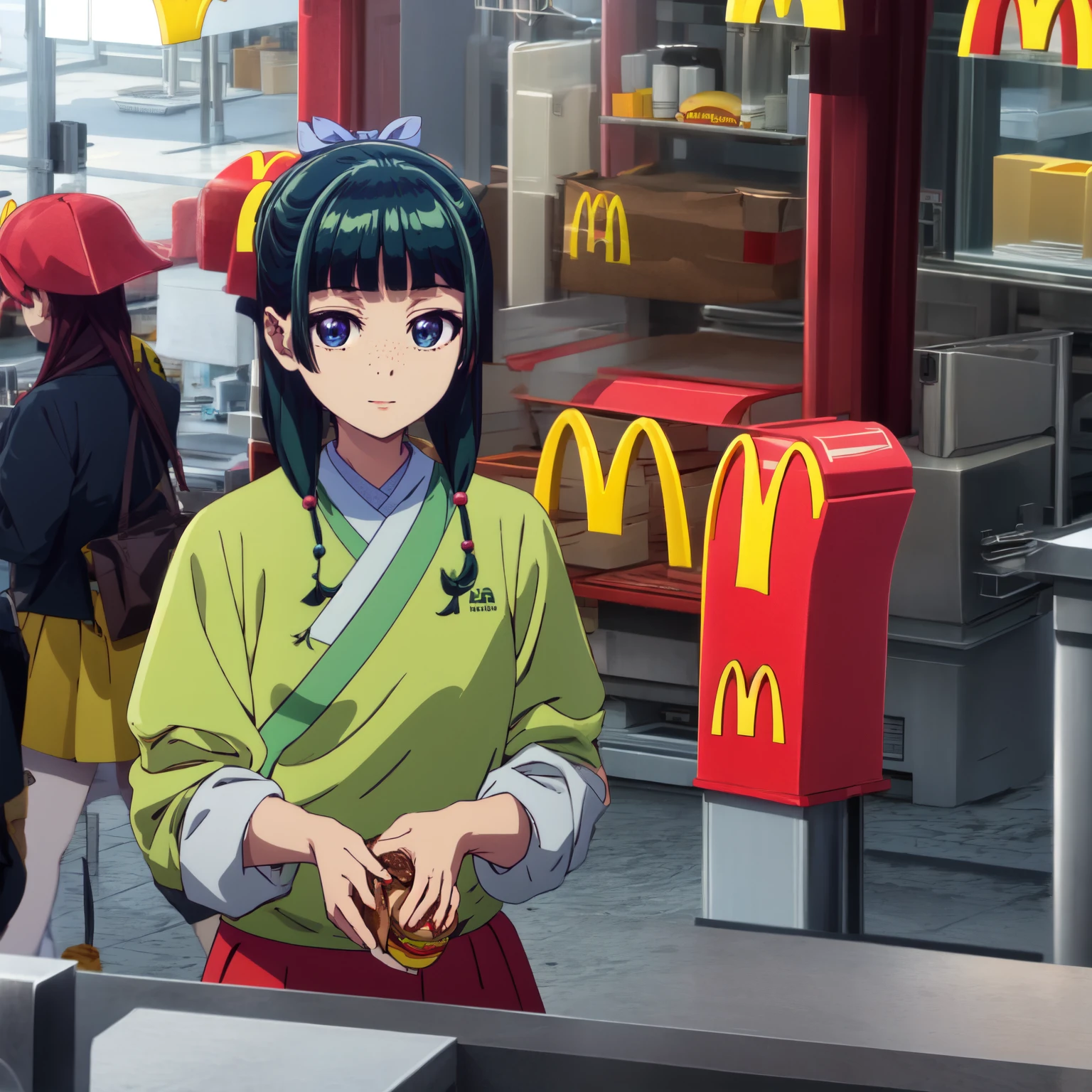 Are thin、green hairstyle,、Only one girl is in the picture、smile、solo shot、wearing McDonald&#39;s uniform、I work at McDonald&#39;s