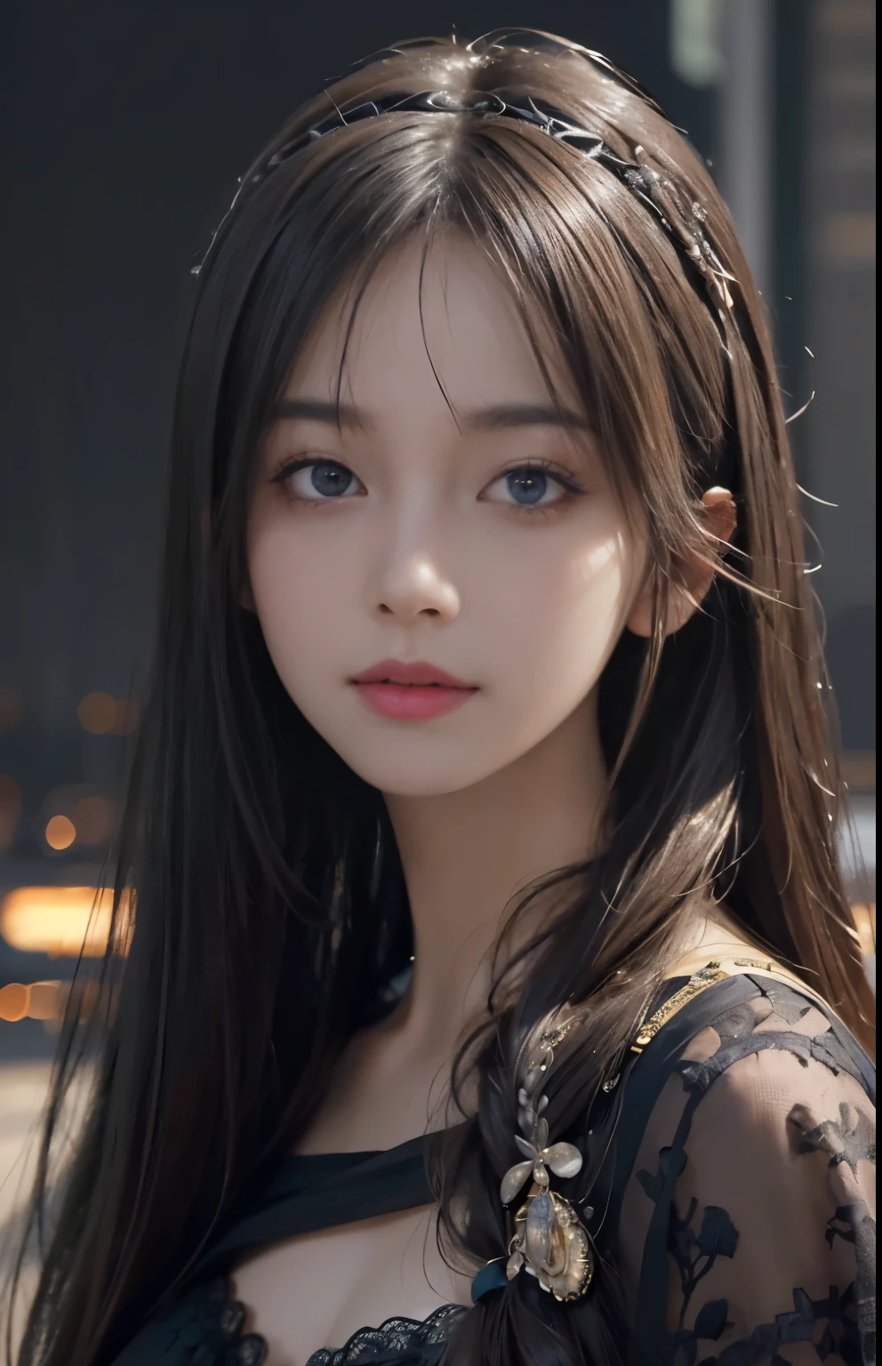 (Hyper-realistic) , (illustratio), (Increase the resolution), (8K), (extremely detaile), (Most Best Illustration), (Beautiful and delicate eyes), (best qualtiy), (ultra - detailed), (masterpiece), ( the wallpaper), (Detailed face), solo, looking at viewert, exquisite detailing, Detailed face, in the darkness nigth, deep shading, low tune,pureerosfaceace_V1, ssmile,long straight hair,Black shawl, 46 points oblique bangs,plump breasts
