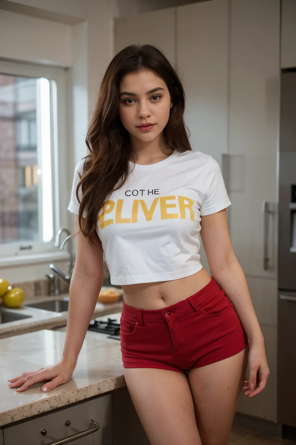 ((Mejor calidad)), ((obra maestra)), (detallado), cara perfecta In the photograph you can see a young brunette with dark hair, she is smailing, with bulging brown eyes and beautiful red lips. girl with princess appearance. Long wavy red hair. Wear red shorts and a white collared t-shirt, short socks, and blue shoes or sneakers. She is slim and has a beautiful figure, (((beautiful slim legs))). The photograph is taken in the kitchen, (((with yellow cinematic light at dusk))) the camera used is an X2D 100C with a 50mm Carl Zeiss Planar lens, photographing at f1.8