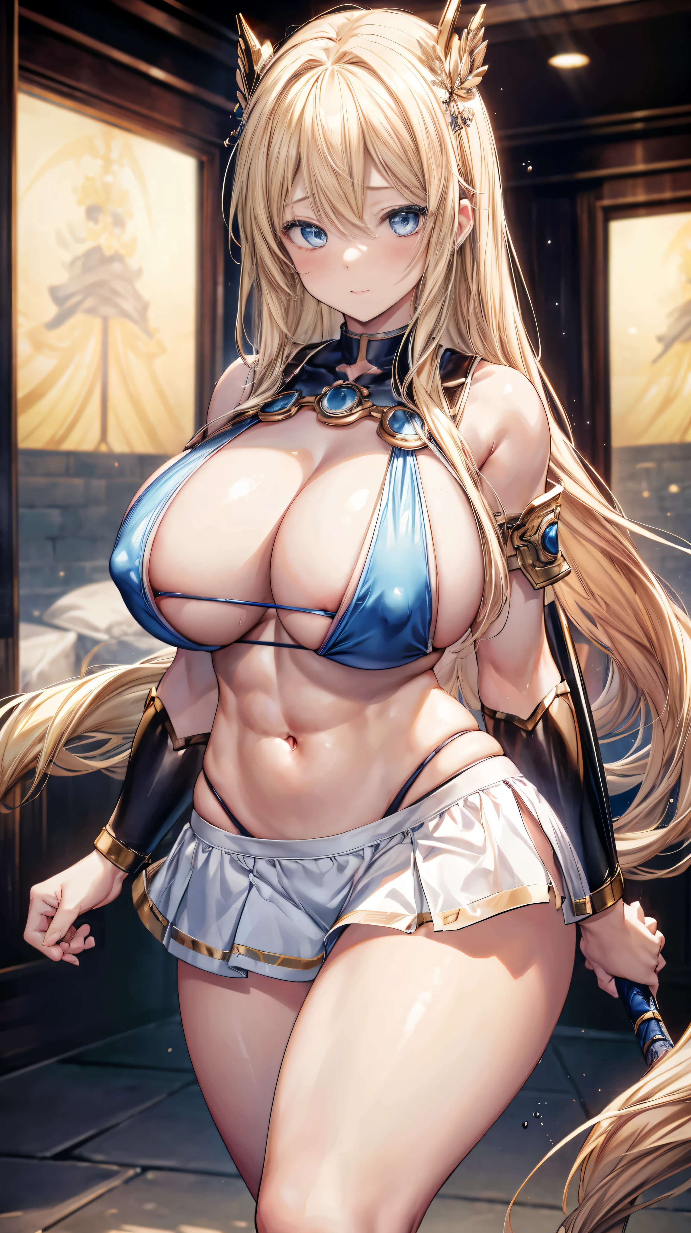 sensual, long blonde hair, thick thighs, 8K, 4k, highest quality, High resolution:1.2), cute anime face, noise reduction, shining blue eyes, gentle smile, kind eyes、toned abdominal muscles, muscular arms, muscular legs,  young face, anime eyes, (((My big breasts are about to burst)))、sophistry、sword、shield