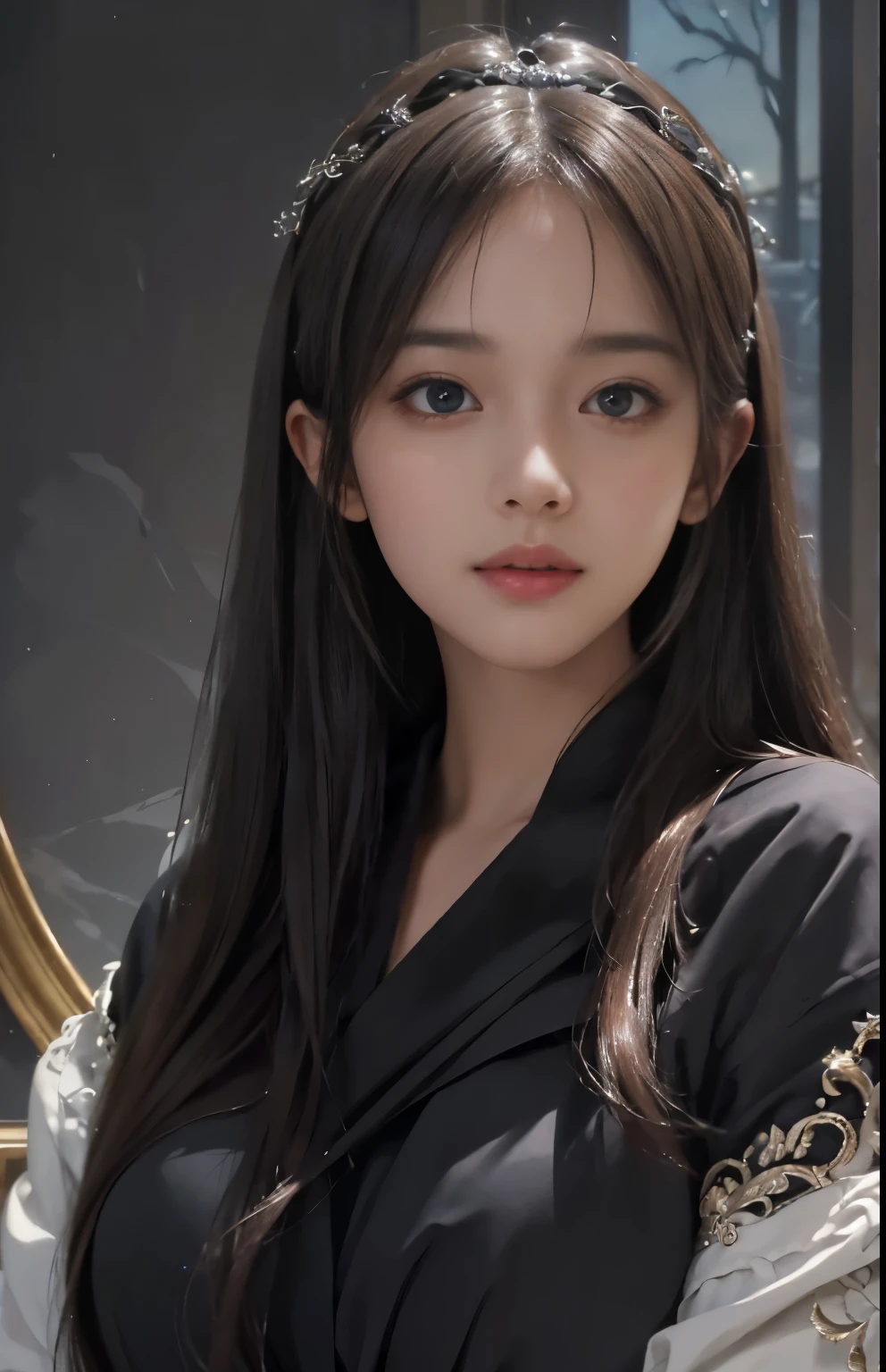 (Hyper-realistic) , (illustratio), (Increase the resolution), (8K), (extremely detaile), (Most Best Illustration), (Beautiful and delicate eyes), (best qualtiy), (ultra - detailed), (masterpiece), ( the wallpaper), (Detailed face), solo, looking at viewert, exquisite detailing, Detailed face, in the darkness nigth, deep shading, low tune,pureerosfaceace_V1, ssmile,long  straight hair，Black shawl, 46 points oblique bangs，plump breasts