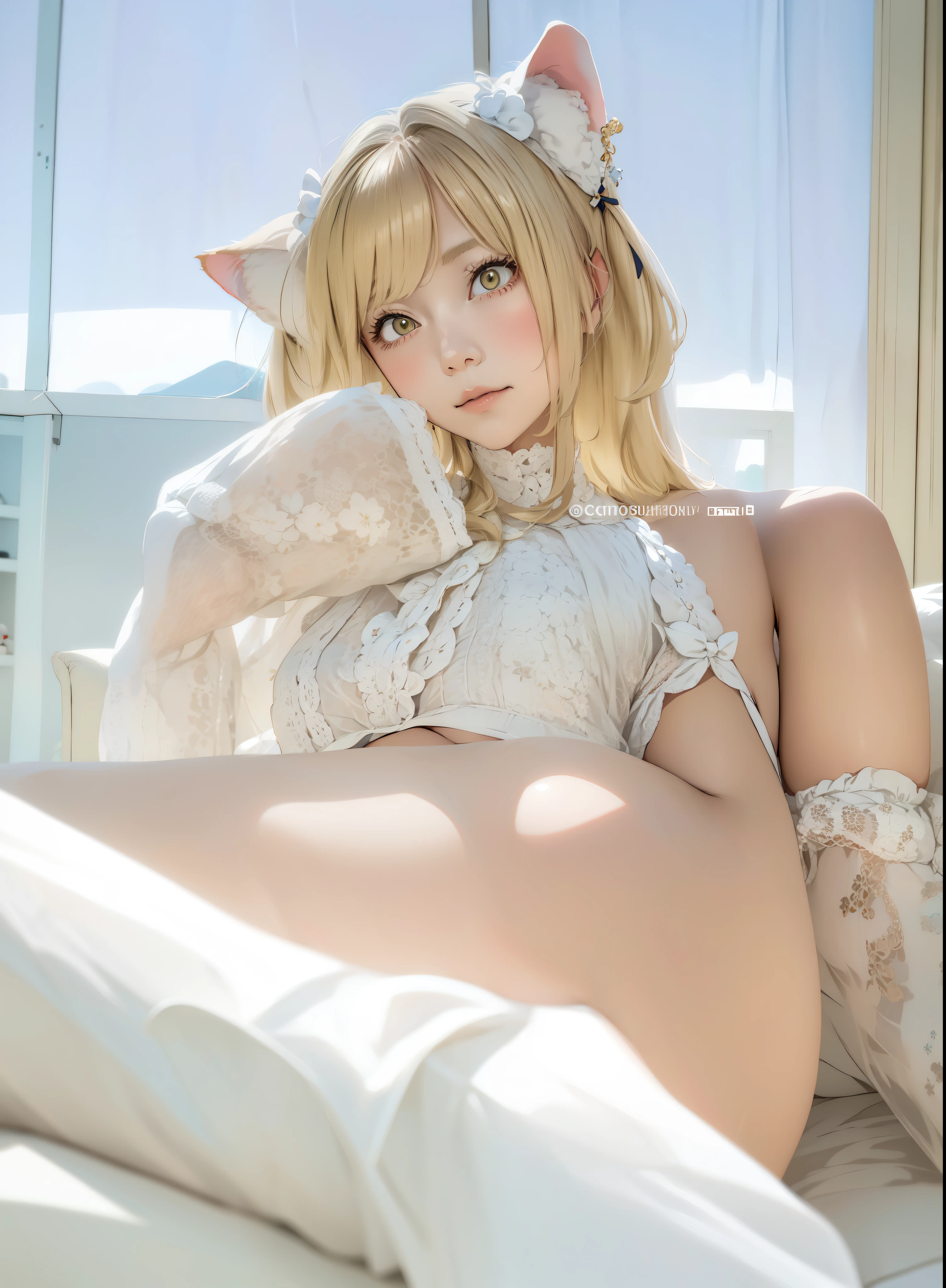 blond haired woman in white sweater and Cat ears laying on bed, very beautiful cute Catgirl, attractive Cat girl, white Cat girl, 4k ], 4k], beautiful young Catgirl, kemonomimi, there is nothing, sakimichan HDRI, there is nothingmimi, Catgirl, anime. soft lighting, white ( Cat ) girl, sakimichan