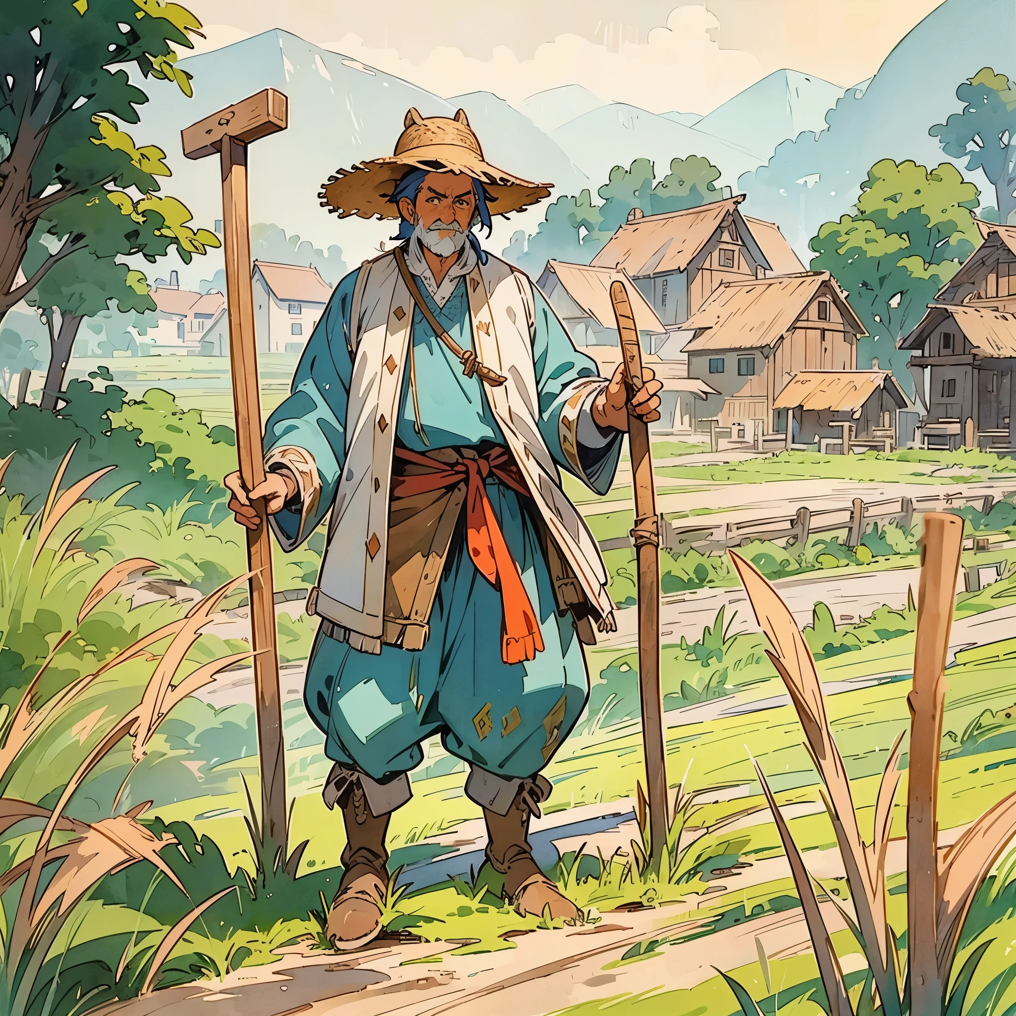 a middle-aged man，European medieval peasant costumes，wearing straw hat，Wearing tattered cloth，holding a hoe，working in farmland。Medium shot composition，full body picture，characters and scenes，Game concept art style，Anime illustration style，watercolor style，Marker style，high-definition，4k。