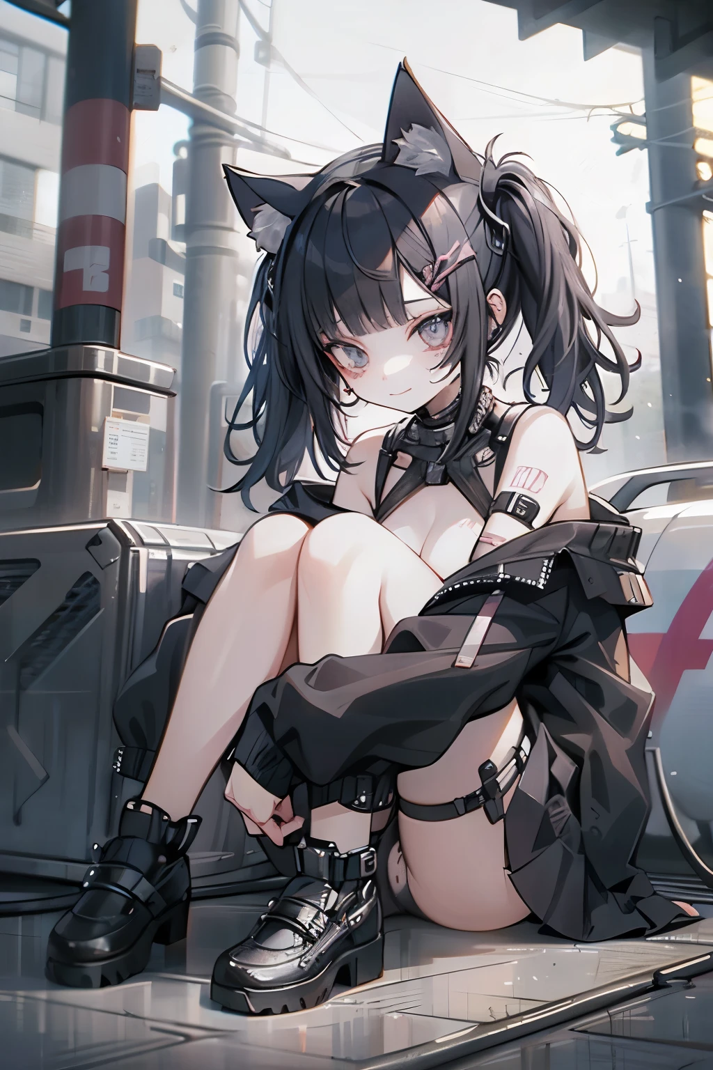 Beautiful woman pink twintails long hair、cyberpunk short clothes、put on cat ears、look at the viewer、positive、slight smile、Sea side、Palm tree、nude、nude、Completely naked、Completely naked、tits、spread legs、Low - Angle、 actor
