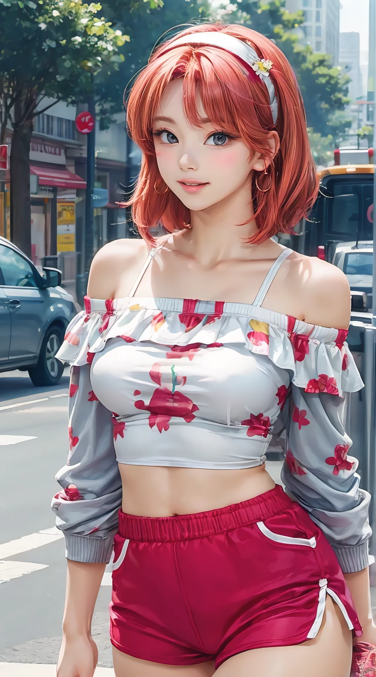 (best quality, masterpiece:1.2), perfect body, slim waist, nice breasts, off-shoulder printed top, hairband, gym shorts, city streets, vibrant, natural light