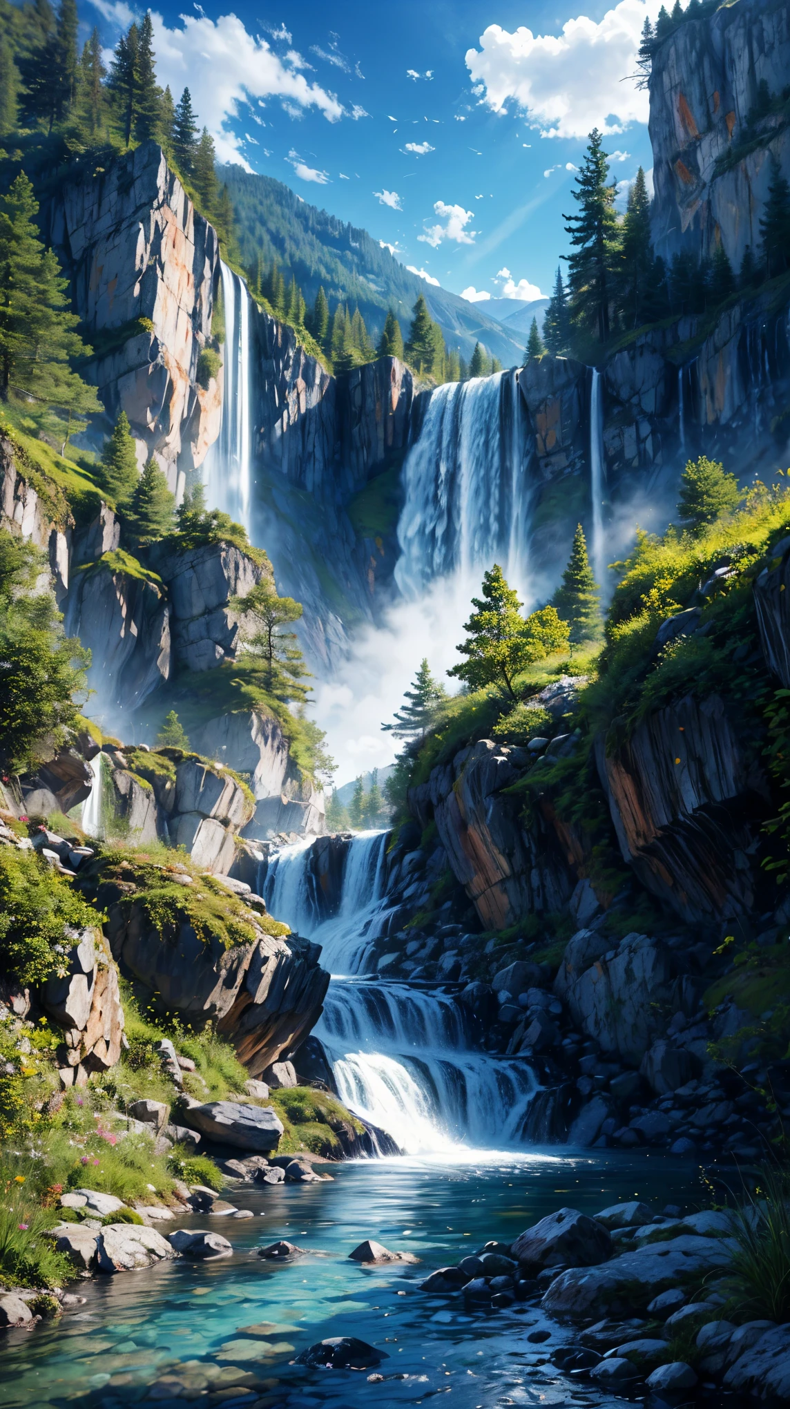 Water like a waterfall flows in the mountains.