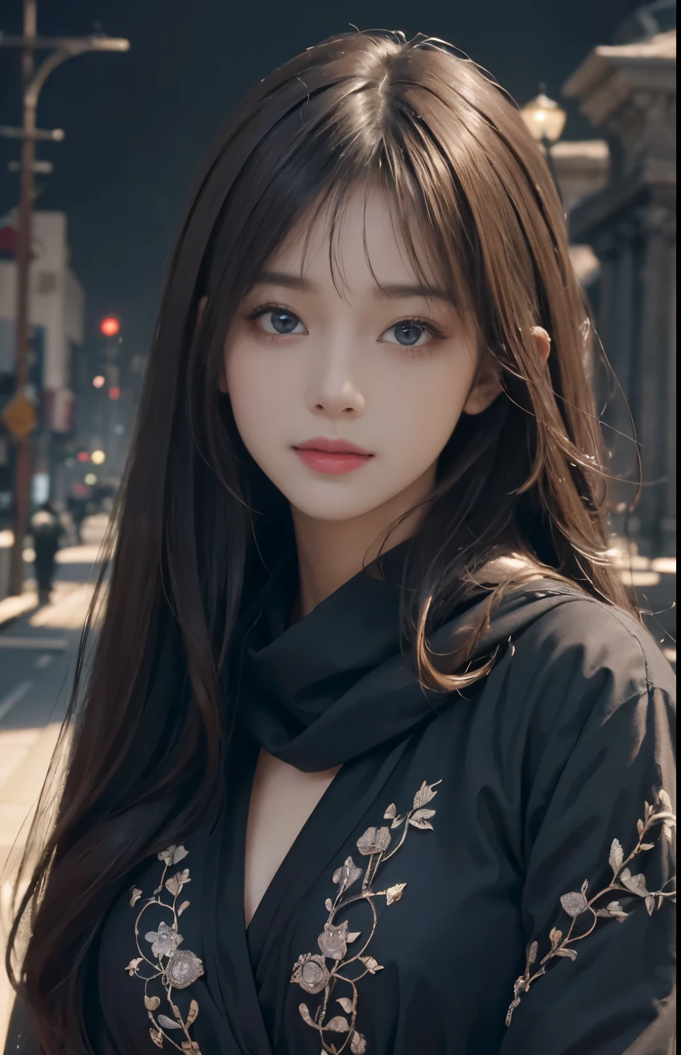 (Hyper-realistic) , (illustratio), (Increase the resolution), (8K), (extremely detaile), (Most Best Illustration), (Beautiful and delicate eyes), (best qualtiy), (ultra - detailed), (masterpiece), ( the wallpaper), (Detailed face), solo, looking at viewert, exquisite detailing, Detailed face, in the darkness nigth, deep shading, low tune,pureerosfaceace_V1, ssmile,long straight hair,Black shawl, 46 points oblique bangs,plump breasts