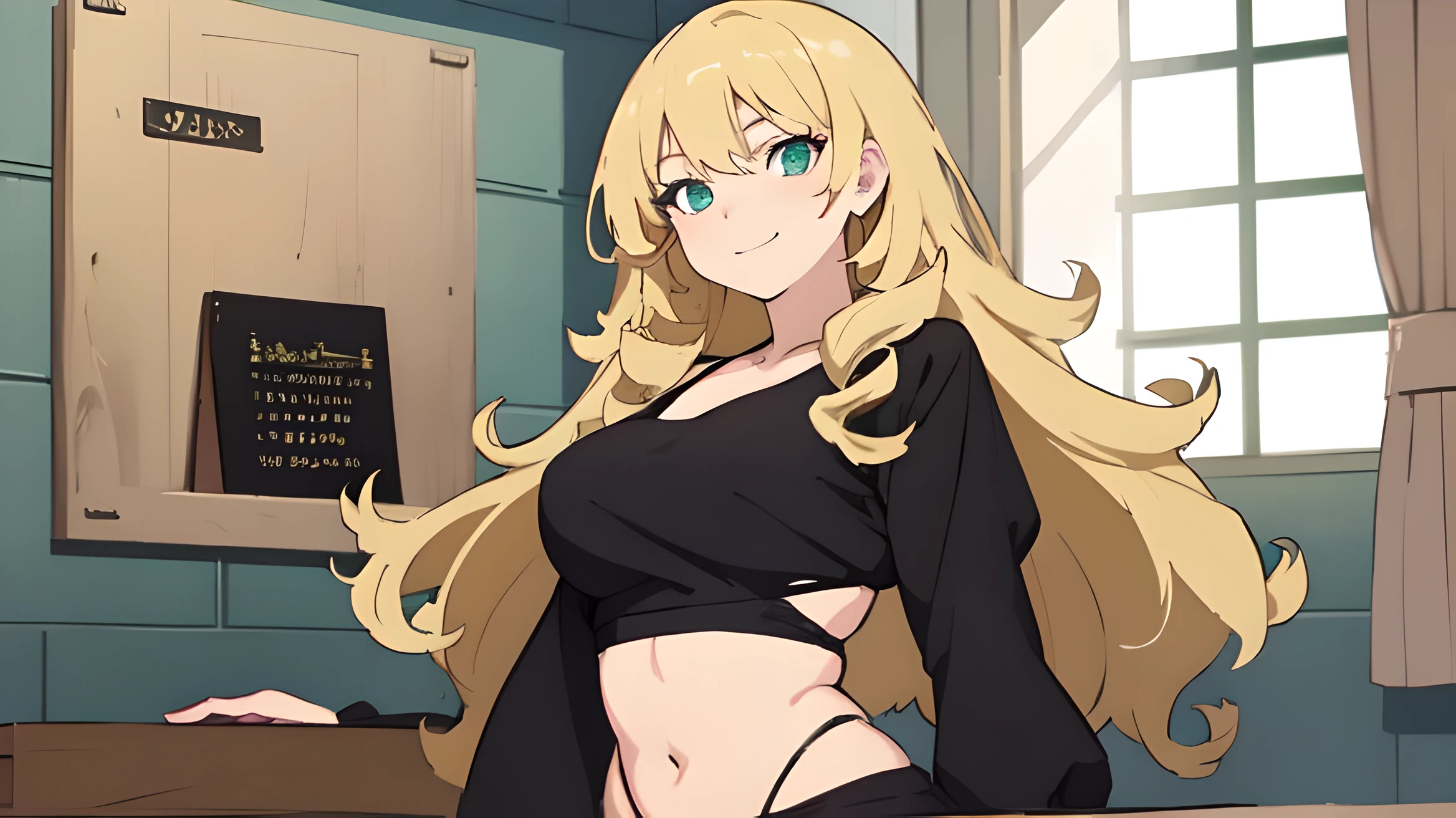 ((Mejor calidad)), ((obra maestra)), (detallado), cara perfecta, Anime girl with long blonde hair and black top posing in a room., con verde, cabello grueso y rizado, chica anime seductora,