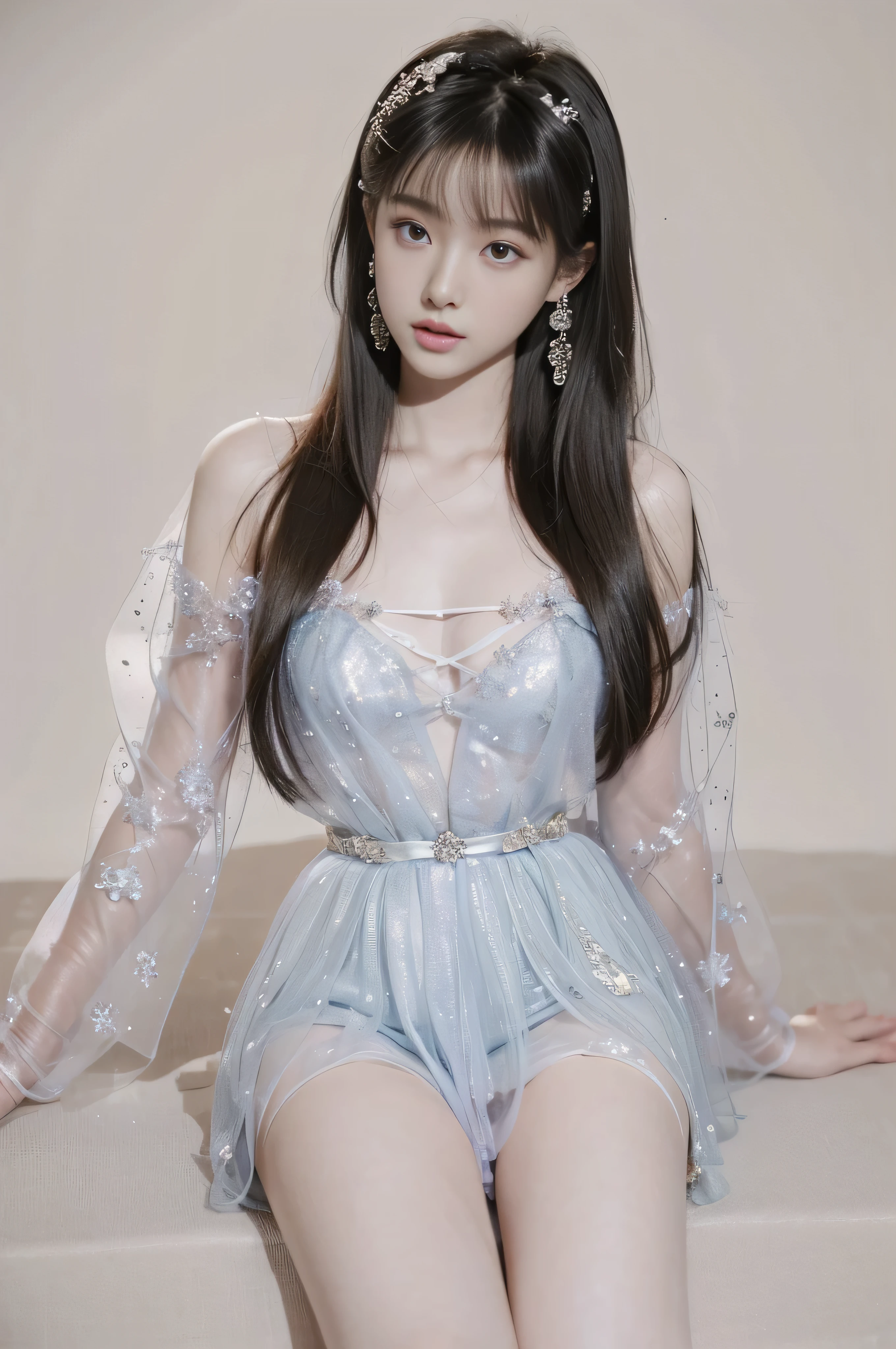 1 girl, Korean K-pop idols and models ,23 years old,soft body, White skin,close up, 8K, original photo, best quality, masterpiece,actual, photo-actual,charming, Lilac sheer tulle skirt , earrings, High image quality, whole body，White chest wrap，Silver ballet shoes，spread legs