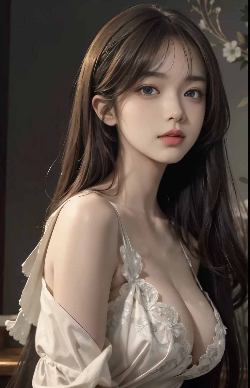 (Hyper-realistic) , (illustratio), (Increase the resolution), (8K), (extremely detaile), (Most Best Illustration), (Beautiful and delicate eyes), (best qualtiy), (ultra - detailed), (masterpiece), ( the wallpaper), (Detailed face), solo, looking at viewert, exquisite detailing, Detailed face, in the darkness nigth, deep shading, low tune,pureerosfaceace_V1, ssmile,long  straight hair，Black shawl, 46 points oblique bangs，plump breasts