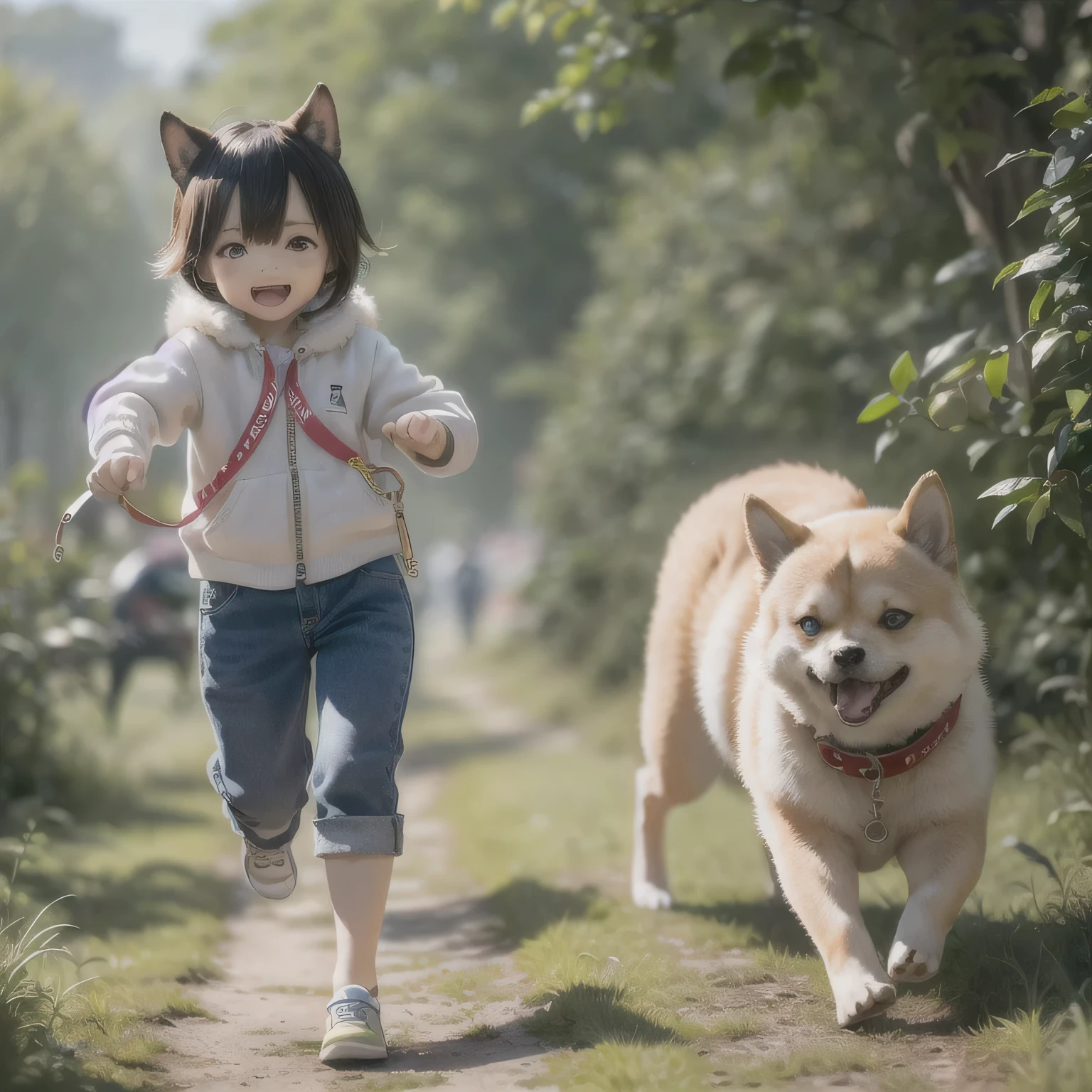 A girl with two shiba inu dogs is running in a chibi style
Tags: 1 girl, 2shiba inu dogs, running, happy expression, outdoor scene, Bright colors, cute chibi style, playful atmosphere, realistic fur texture, fine eyes, feeling happy, dynamic movement, sunny weather, green grass, blue sky, dog lead, action packed, Energetic, lively, lively strokes, beautiful scenery, Hilarious, adorable, Natural light