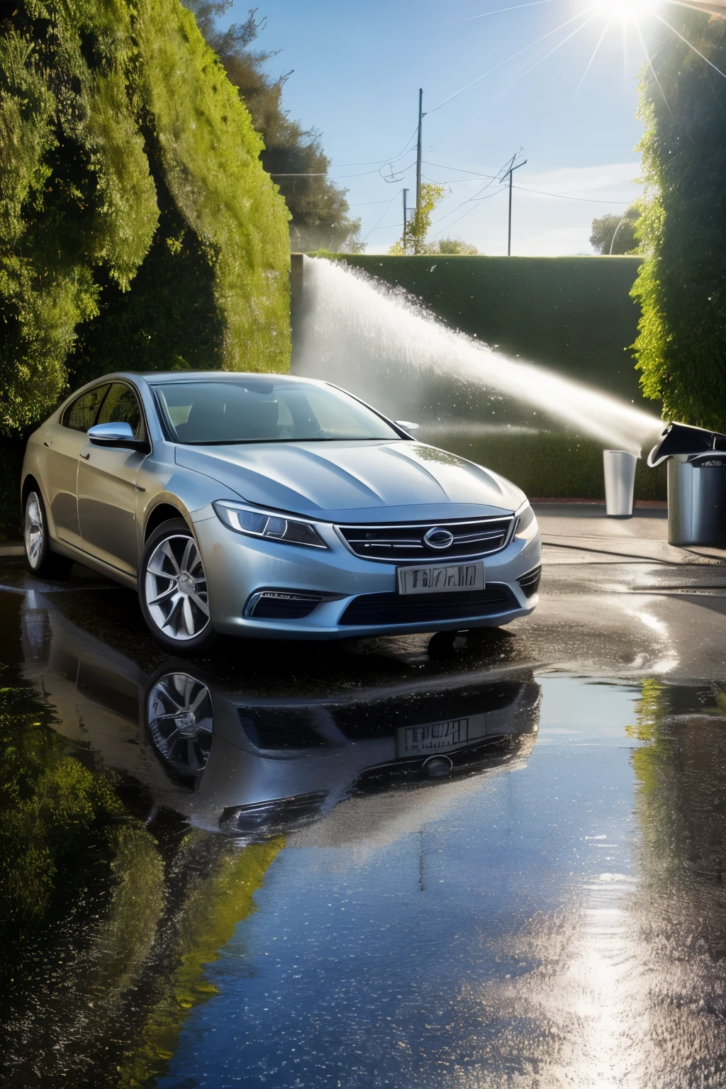 A realistic and detailed scene of a car being washed, with sparkling water droplets cascading down the sleek vehicle surface. Suds foam carelessly on the car body, emphasizing every curve and contour. RAW image captures every minute detail, from the reflections on the glass windows to the intricate patterns on the tires. Full body shot from the side, soft natural light illuminates the scene, casting long shadows and highlighting every texture. Car wash setting, with hose and bucket in the foreground and lush greenery and blue skies in the background. High quality and masterpiece-worthy image, boasting 16K resolution and hyper-realistic texture. Realistic and