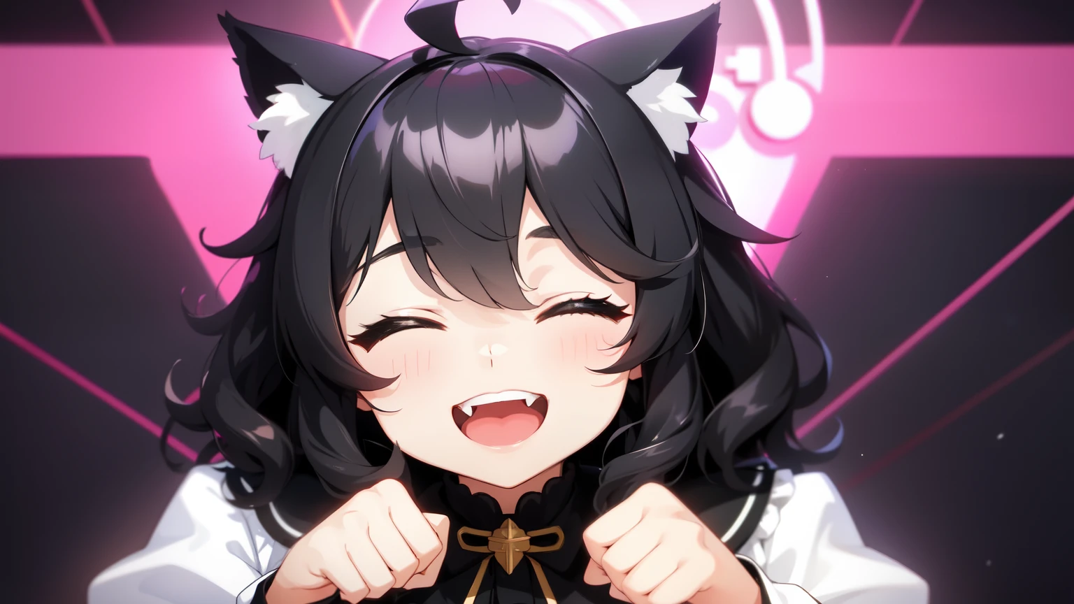 looking at the viewer, 1 girl, open your mouth, smile, Virtual YouTuber、with a girl、((highest quality, expensive_solve, clear_image)),(black hair), (black cat ears), (Ahoge), (ridiculously short hair), (wavy hair), 、very big breasts,wore a dress、background night road、Closed eyes、sat down、
