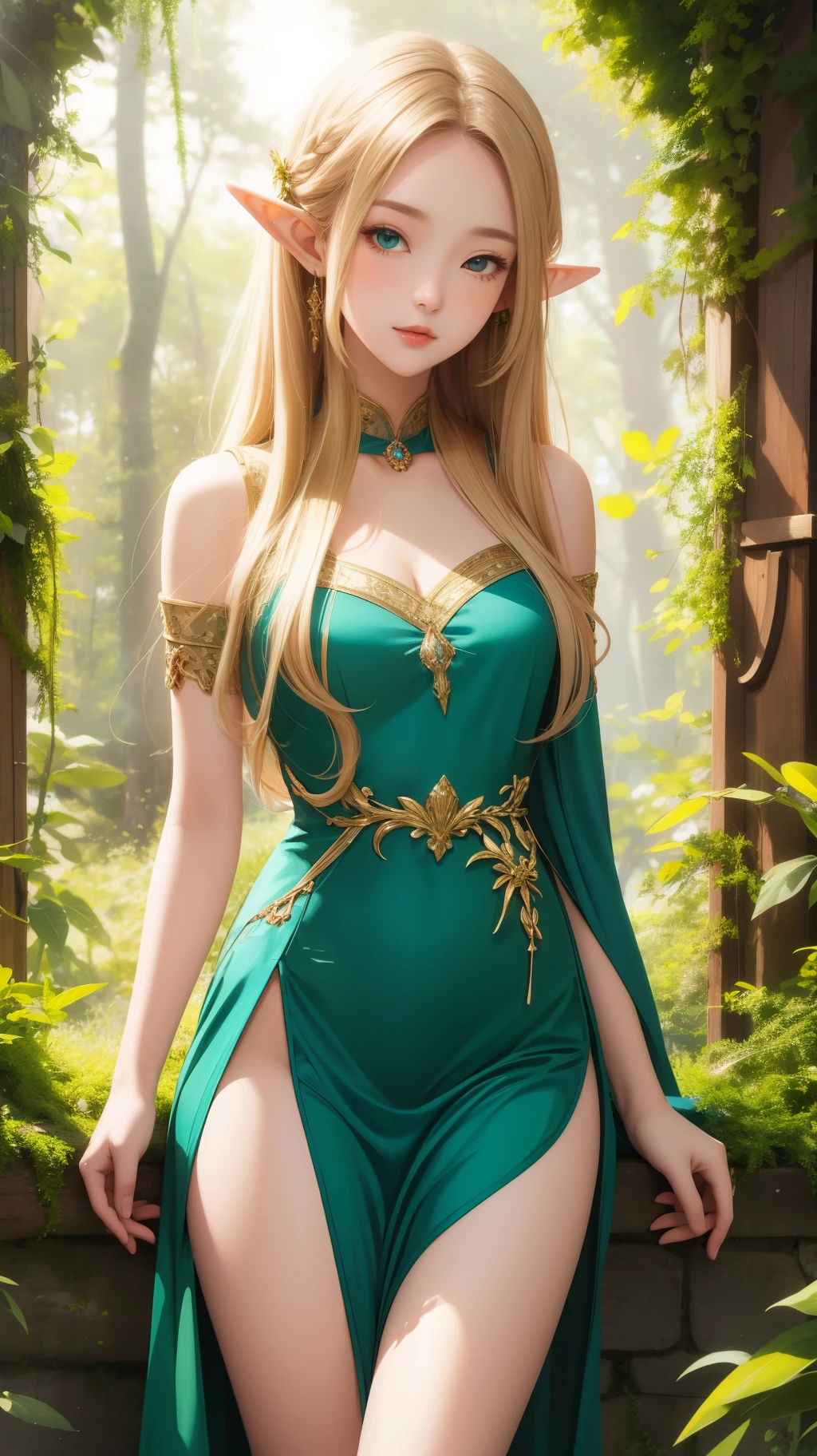masterpiece,best_quality,1girl,solo,beautiful detailed eyes,beautiful detailed lips,long eyelashes,blonde hair,princess zelda,nintendo,the legend of zelda,albw,portrait,illustration,colorful,soft lighting,fantasy,heroine costume,vibrant colors,lush background,greenery,beautiful garden,captivating expression,sword,adventure,legendary journey