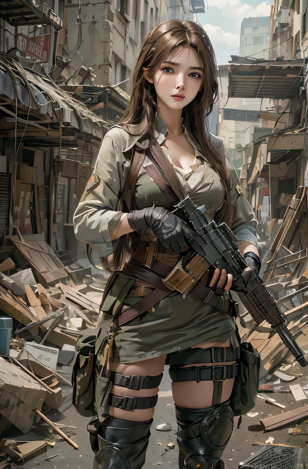 photorealistic, high resolution, 1 women, solo, hips up, look at viewer, (detailed face), brown hair, long hair, innocent blue eyes, super detailed face, 8k ultra detailed, soldier girl, weapon, black custom