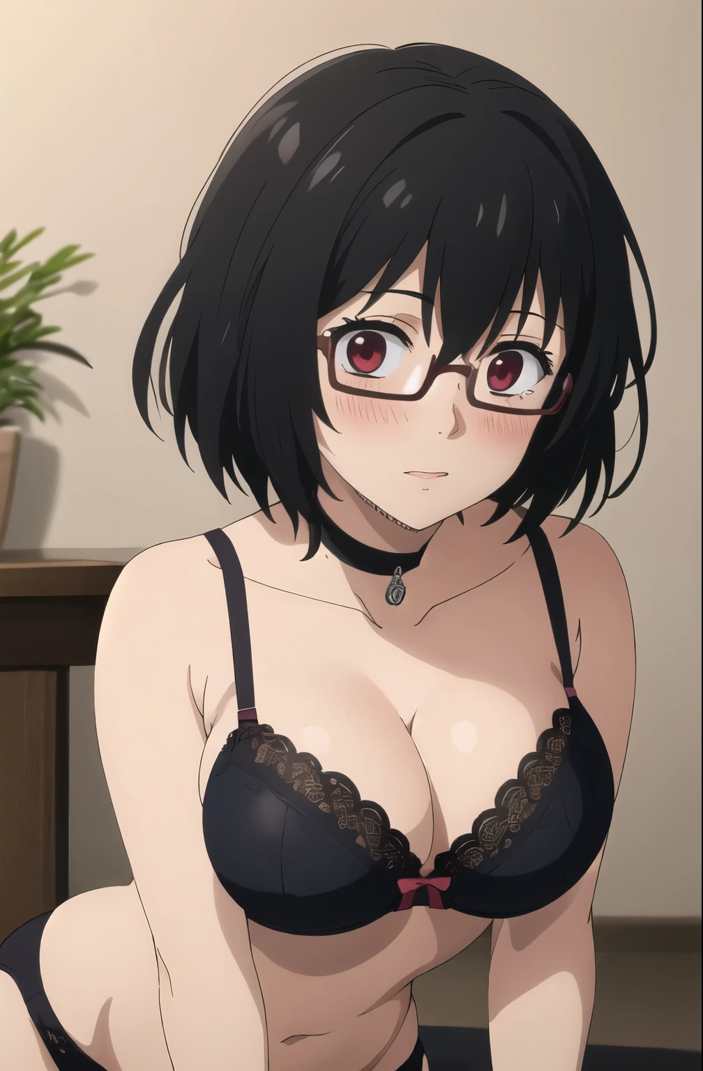 ((best quality)),((highly detailed)),masterpiece,absurdres,detailed face,beautiful face,(detailed eyes, deep eyes),1girl,((dynamic pose)), Sally, solo, black hair, short hair, red eyes, collarbone, hair between eyes, underwear, big breasts, blush, lace bra, cleavage, choker, huge breasts, solo, indoors, looking at viewer, glasses, bare shoulders, underwear only