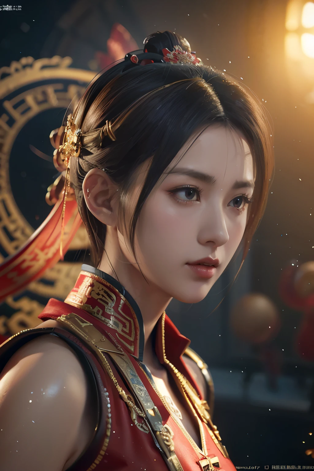 Masterpiece,Game art,The best picture quality,Highest resolution,8K,(Portrait:1.5),Unreal Engine 5 rendering works,(Digital Photography),
Girl,Beautiful pupil,(Gradual short hair is blue and red),Busty,(Big breasts),
(A female general in the ancient fantasy style),(Future combat dress combined with Chinese fantasy style clothing,Chinese style Han costume),Ribbon,Ancient magic patterns glow,Armor rich in detail,(Ancient fantasy),
Movie lights，Ray tracing，Game CG，((3D Unreal Engine))，OC rendering reflection pattern