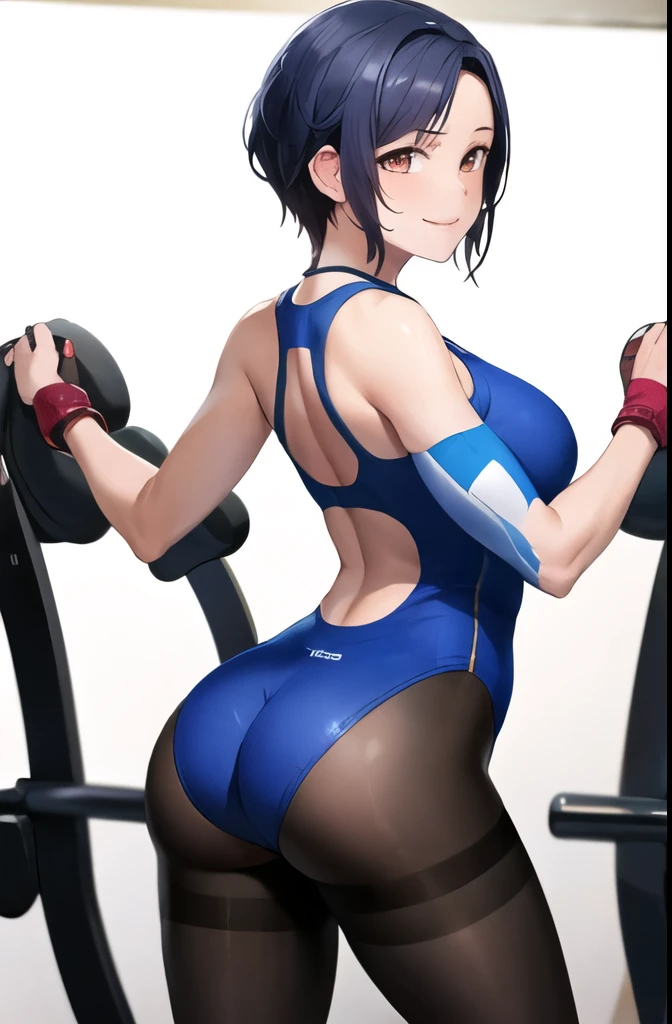masterpiece, highest quality, High resolution, nm1, sports suit, cowboy shot, Are standing, smile, Gym, bottom sports, sexy ass, nice ass, leotard, jersey, pantyhose