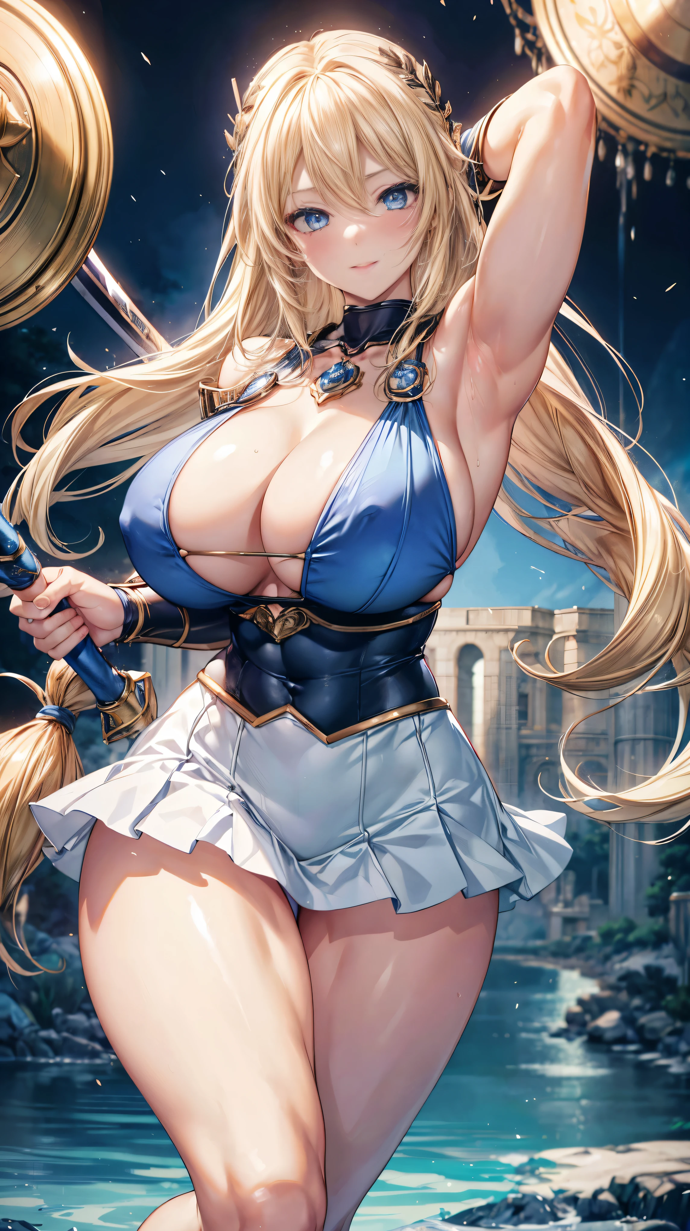 sensual, long blonde hair, thick thighs, 8K, 4k, highest quality, (High resolution:1.6), cute anime face, noise reduction, shining blue eyes, gentle smile, kind eyes、toned abdominal muscles, muscular arms, muscular legs, young face, anime eyes, Sophitia Alexandra、Have a sword and shield、(SFW huge body)