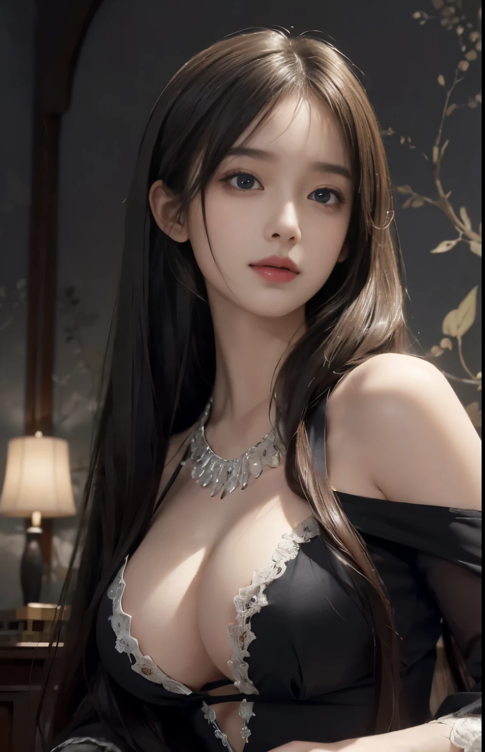 (Hyper-realistic) , (illustratio), (Increase the resolution), (8K), (extremely detaile), (Most Best Illustration), (Beautiful and delicate eyes), (best qualtiy), (ultra - detailed), (masterpiece), ( the wallpaper), (Detailed face), solo, looking at viewert, exquisite detailing, Detailed face, in the darkness nigth, deep shading, low tune,pureerosfaceace_V1, ssmile,long straight hair,Black shawl, 46 points oblique bangs,plump breasts