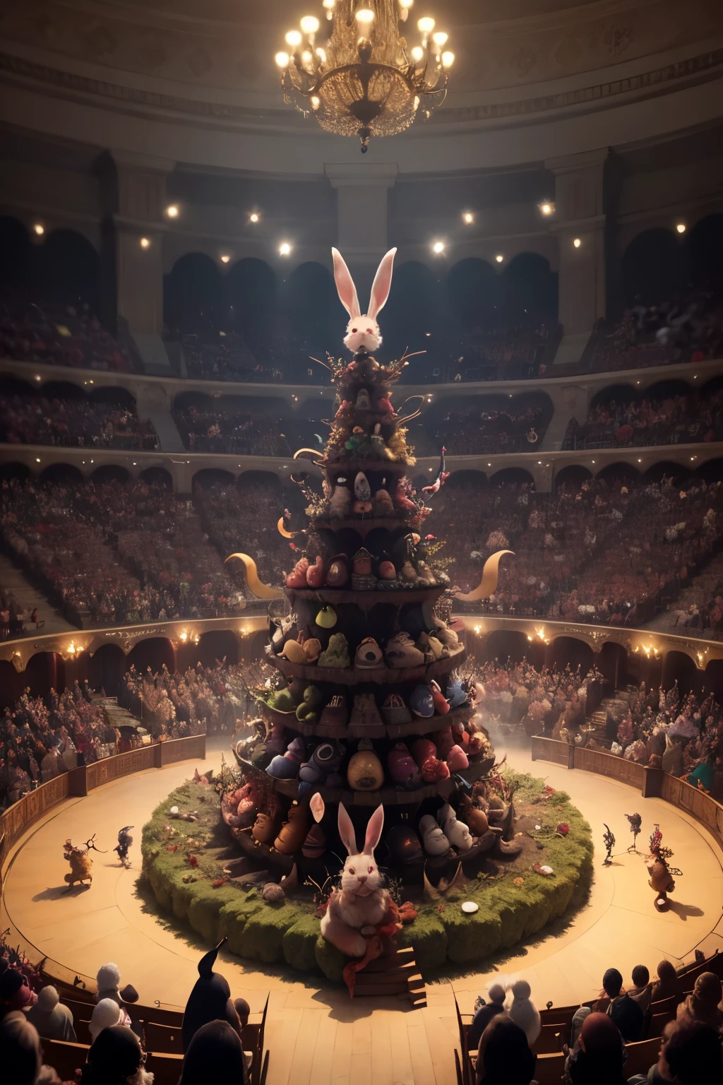 Masterpiece of a Thousand Devils! Best quality unfolds as an array of mischievous, red-eyed devils, each with horns and cloven hooves, frolic and revel in a whimsical, chaotic ballet. A bunnies' hole serves as their playground, setting the stage for endless, devilish antics.