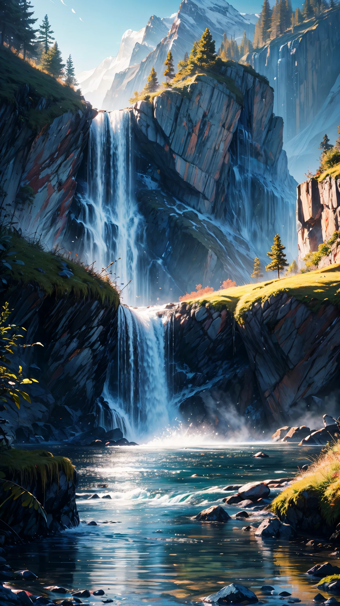 Water like a waterfall flows in the mountains. Super realistic photographic cinematic image 8k HDR, magical photography, super detailed, (ultra detailed), (best quality, super high quality image, masterpiece), female focus, standard lens, (golden hour lighting), dramatic lighting, 8k, UHD, intricate detail, (gradients), comprehensive cinematic, colorful, visual key, highly detailed, hyper-realistic, (very detailed background, detailed landscape),