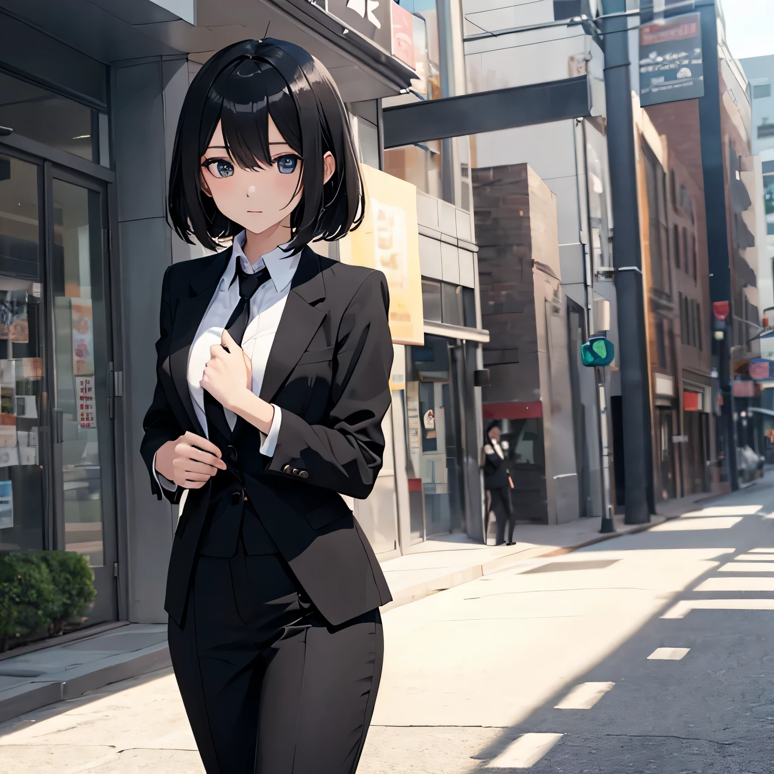 [(Beautiful young girl) (short black hair) (blue eyes) (flat chest)]  ([high Definition] [correct anatomy]): (in the street) (wearing office suit)