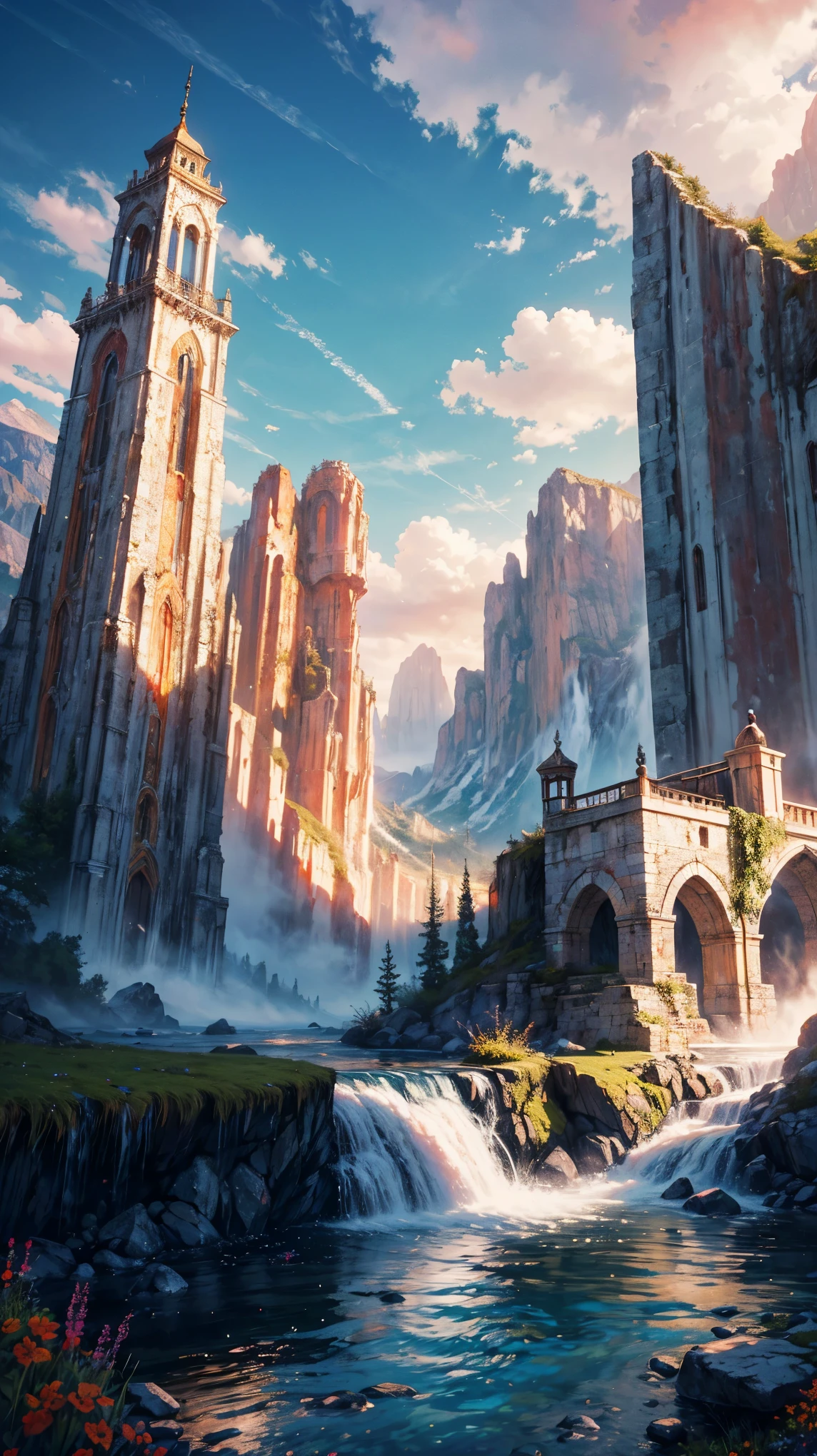 Water like a waterfall flows in the mountains. Super realistic photographic cinematic image 8k HDR, magical photography, super detailed, (ultra detailed), (best quality, super high quality image, masterpiece), standard lens, (golden hour lighting), dramatic lighting, 8k, UHD, intricate detail, (gradients), comprehensive cinematic, colorful, visual key, highly detailed, hyper-realistic, (very detailed background, detailed landscape), fantasy