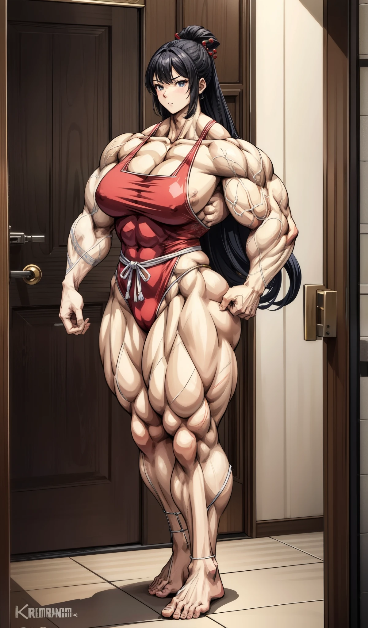 best quality,girl,muscular female,pajamas
there is a woman standing in front of a door, a character portrait by Kamagurka, pixiv, shin hanga, muscular!!, , muscular!, highly detailed full body, muscular thighs, massive legs towering over you,