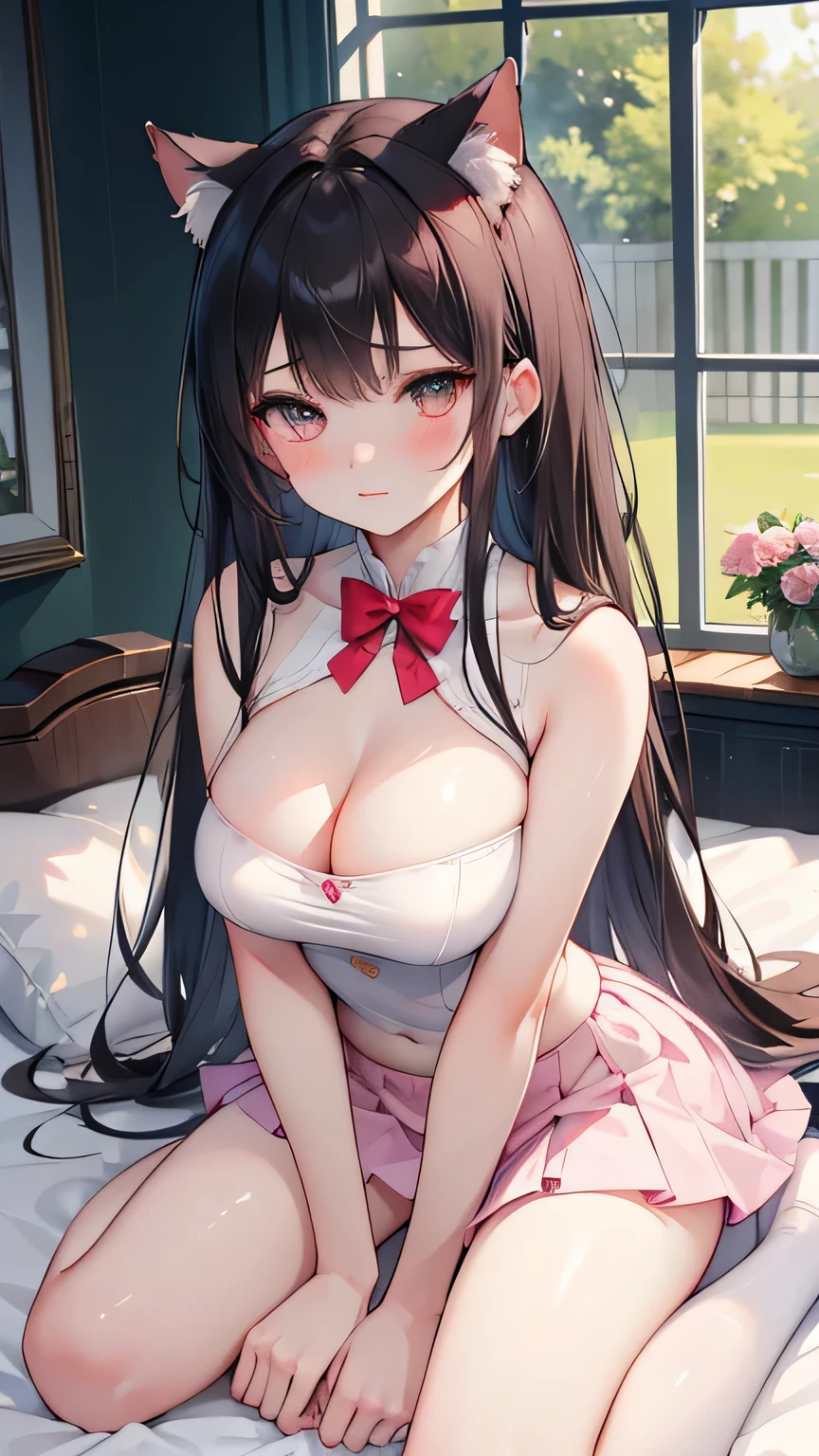 actual, 1 girl, black hair, dark brown eyes, Bright Eyes, chapped lips, blush, charming, garden, Sky, flowers. extra large ,突出extra large breastsa large breasts,Breasty exposeblush, surprise,Look atlooking at the audience,sitting,kneeling,put on bed,Knees together,internal figure eight,red pupils,lace jumpsuit,Slender legs,beautiful hair、 beautiful eyes、 beautiful skin、beautiful legs、beautiful arms、perfect fingers、 Very cute,white hair, long hair,white cat ears, white cat tail,best quality,High resolution,top quality,pink bow,slender eyebrows,hair slightly moist,On a very large white bed, white pillow,perfect waist,Skirt has cutouts at the end,pout,The clothes are a little wet,little girl,very young,18 years le,Long messy white hair tied up,Seductive pose,chiaroscuro,bare shonude房间,slit sleeves,There are a few drops of waterthe breast,bare legs,barefoot,Ray tracing,disdainful expreBeautiful girl alone,Most of the body is exposed,pink miniskirt,Gently lift up the skirt with both hands,shy expression,exposed breasts,The whole body was soaked with water,colorful appearposed cleavage,Wear white knee-length socks