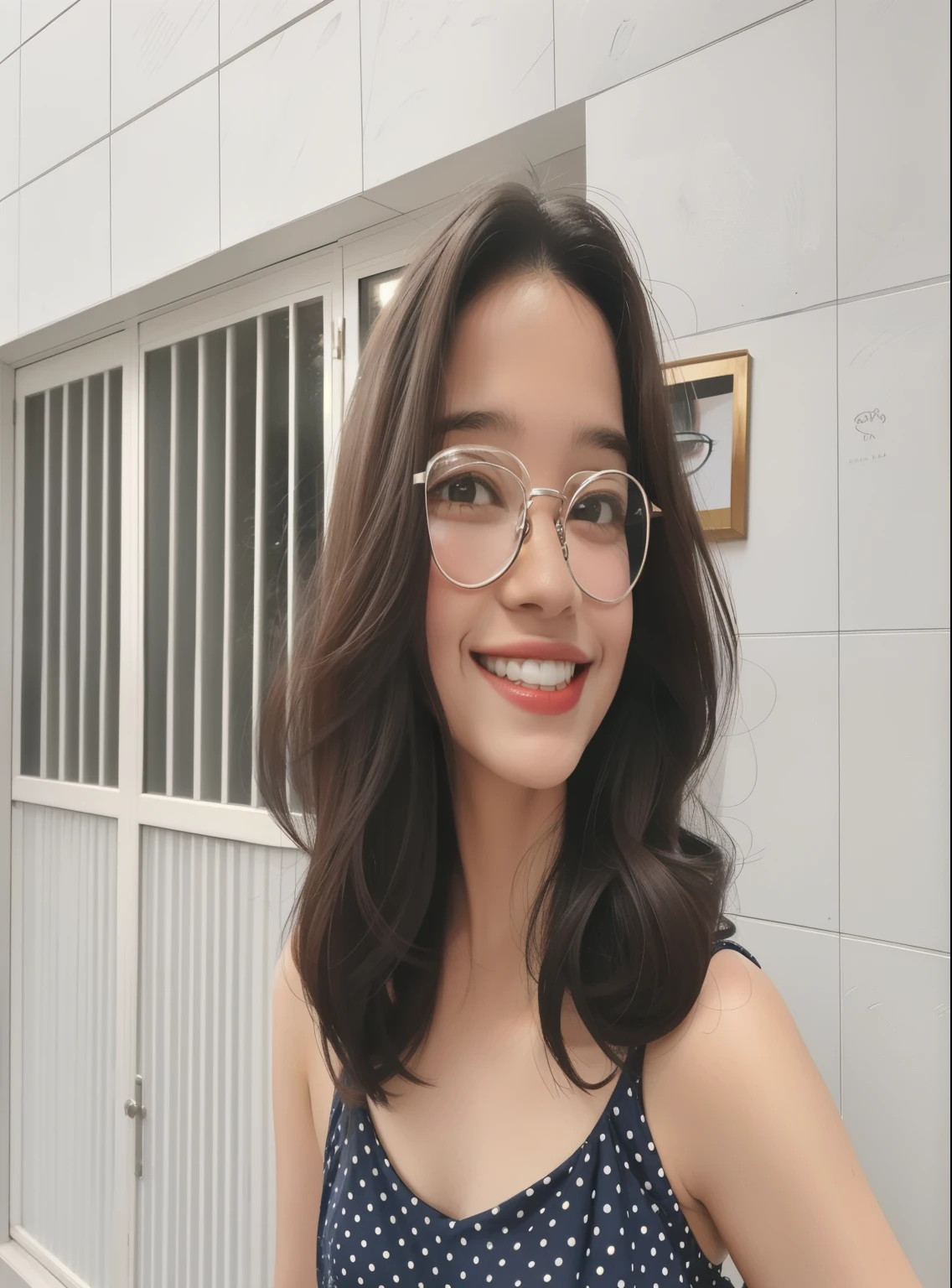 there is a woman with braces and glasses outside, Alanis Guillen, by Amélia Peláez, imagem frontal, sorriso fofo e levemente nerd, powder Nándor Katona, smiling happily at the camera, leve sorriso nerd, 18 anos de idade, foto realista, por Samuel Silva, with glasses, wearing round glasses, estudante, pelada, peito pequeno