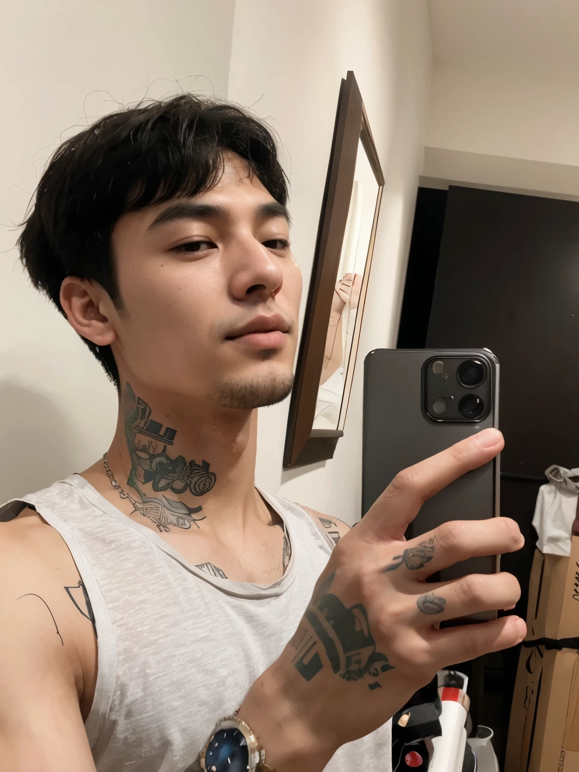 arafed man con tatuajes taking a selfie in a mirror, hyung tae, kim taejin, Hong June Hyung, con tatuaje facial, 1 7-year-old boy with a thin face, con tatuajes, pintar ulzzang, entintado, jinyoung shin, hyung tae kim, Cai Xu Kun, Won Bin Lee, inspirado en jeonseok lee