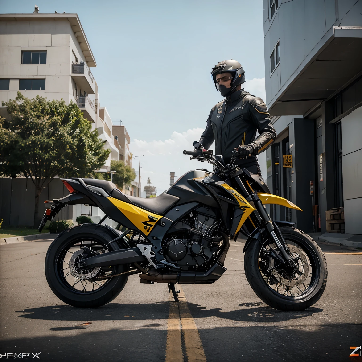 Caustic from the game Apex legend prestige skin riding a z300 motorcycle