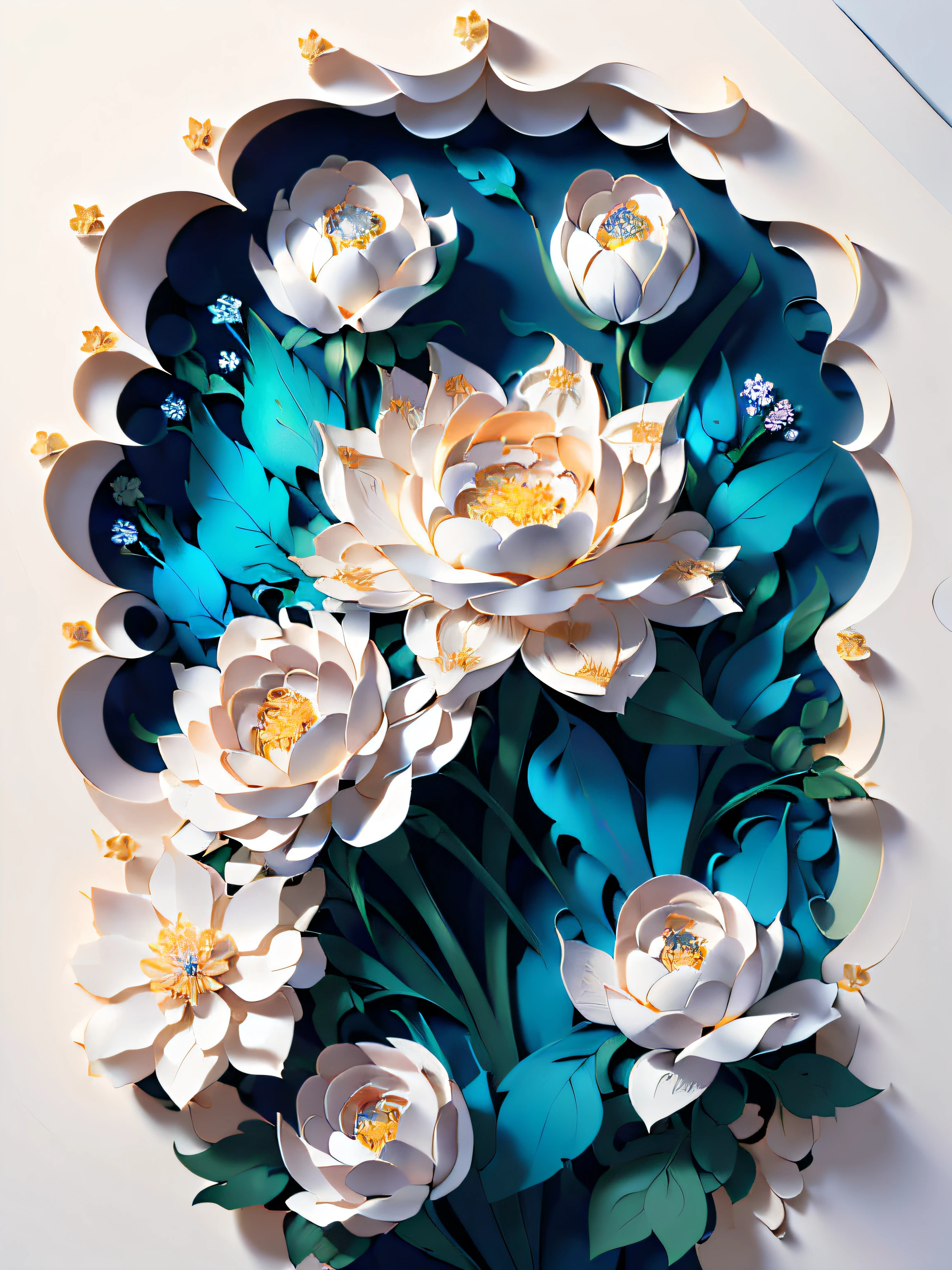 (((masterpiece))),best quality, illustration,Beautiful and detailed light, flowers,White background, Paper_cut,