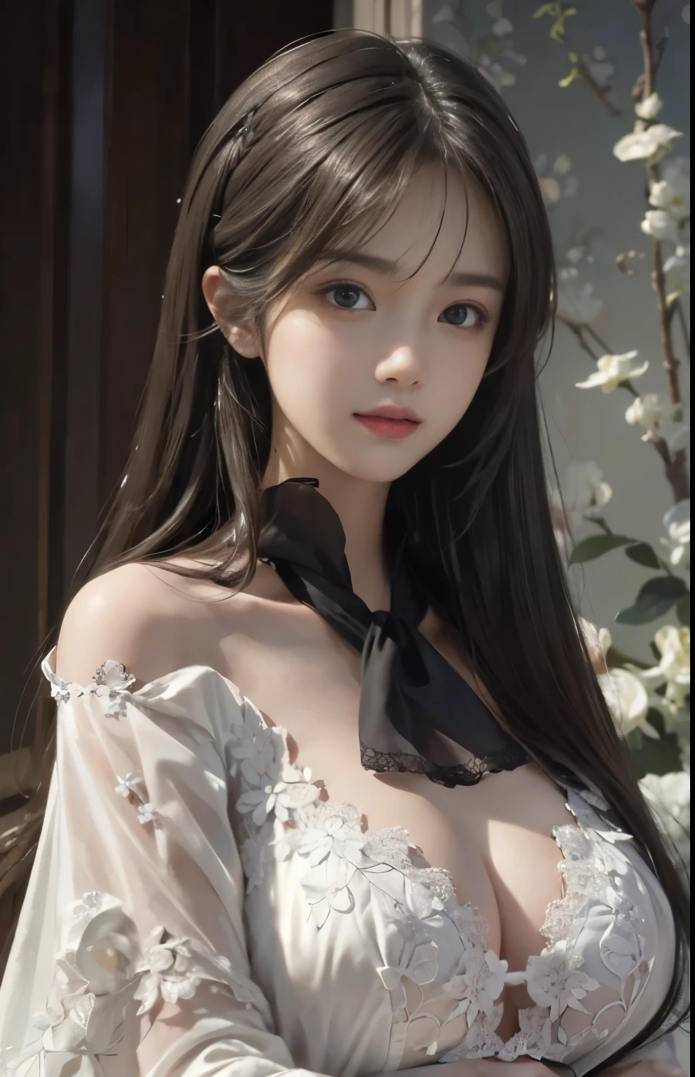 (Hyper-realistic) , (illustratio), (Increase the resolution), (8K), (extremely detaile), (Most Best Illustration), (Beautiful and delicate eyes), (best qualtiy), (ultra - detailed), (masterpiece), ( the wallpaper), (Detailed face), solo, looking at viewert, exquisite detailing, Detailed face, in the darkness nigth, deep shading, low tune,pureerosfaceace_V1, ssmile,long straight hair,Black shawl, 46 points oblique bangs,plump