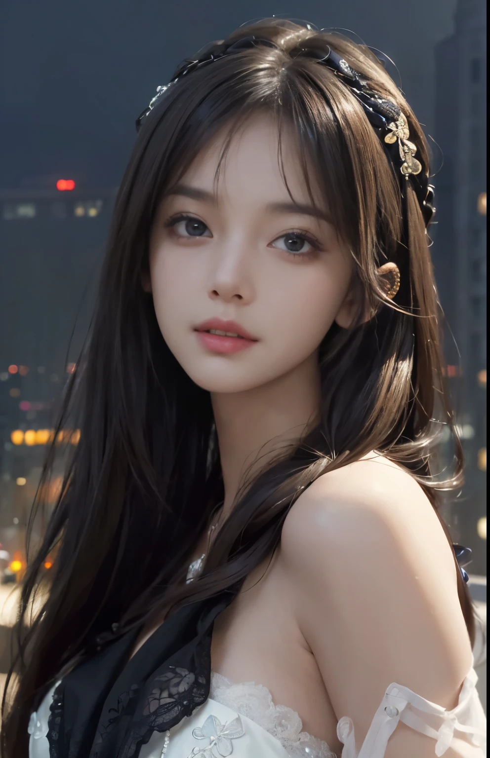 (Hyper-realistic) , (illustratio), (Increase the resolution), (8K), (extremely detaile), (Most Best Illustration), (Beautiful and delicate eyes), (best qualtiy), (ultra - detailed), (masterpiece), ( the wallpaper), (Detailed face), solo, looking at viewert, exquisite detailing, Detailed face, in the darkness nigth, deep shading, low tune,pureerosfaceace_V1, ssmile,long straight hair,Black shawl, 46 points oblique bangs,plump breasts