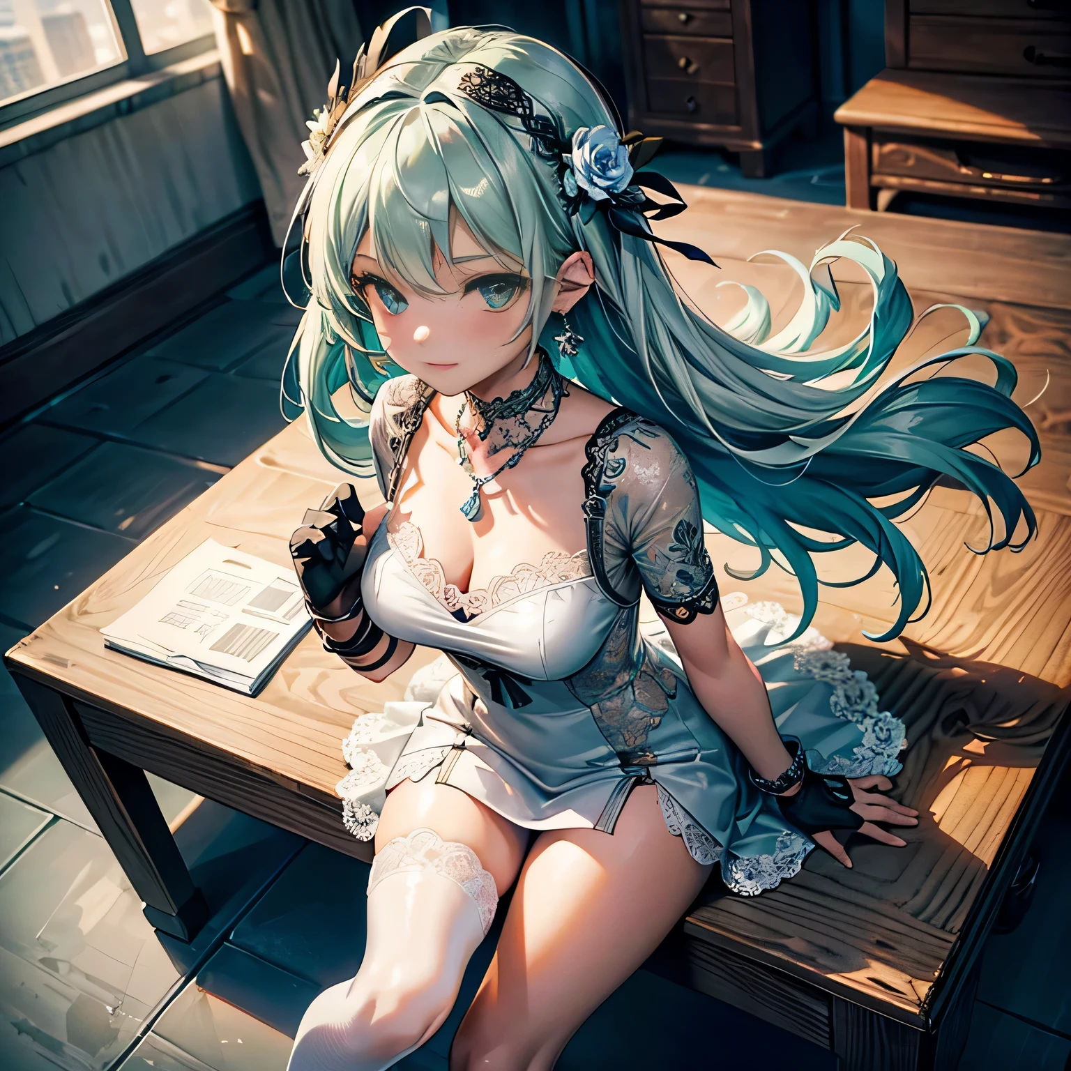 high angle,From above,(1 girl), ((masterpiece:1.4, highest quality)), ((masterpiece, highest resolution)), (beautiful illustrations),(Beautiful medium-long silver-green hair),cute office lady, (Elegant mini dress with flower print), (looking at the viewer),
innocent smile, white over knee high,lace chalk, Wristband, fingerless gloves, over knee high,
lace chalk, diamond necklace,Wristband, fingerless gloves, earrings,
Day, the wind is strong,cinematic lighting, red light district,
