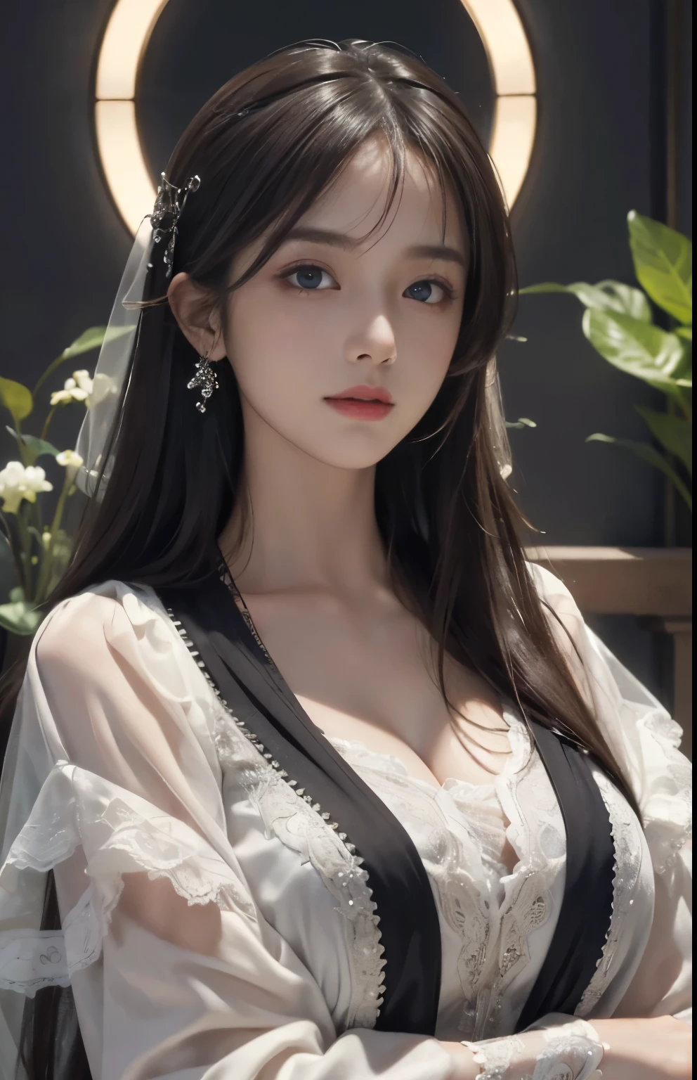 (Hyper-realistic) , (illustratio), (Increase the resolution), (8K), (extremely detaile), (Most Best Illustration), (Beautiful and delicate eyes), (best qualtiy), (ultra - detailed), (masterpiece), ( the wallpaper), (Detailed face), solo, looking at viewert, exquisite detailing, Detailed face, in the darkness nigth, deep shading, low tune,pureerosfaceace_V1, ssmile,long straight hair,Black shawl, 46 points oblique bangs,plump breasts