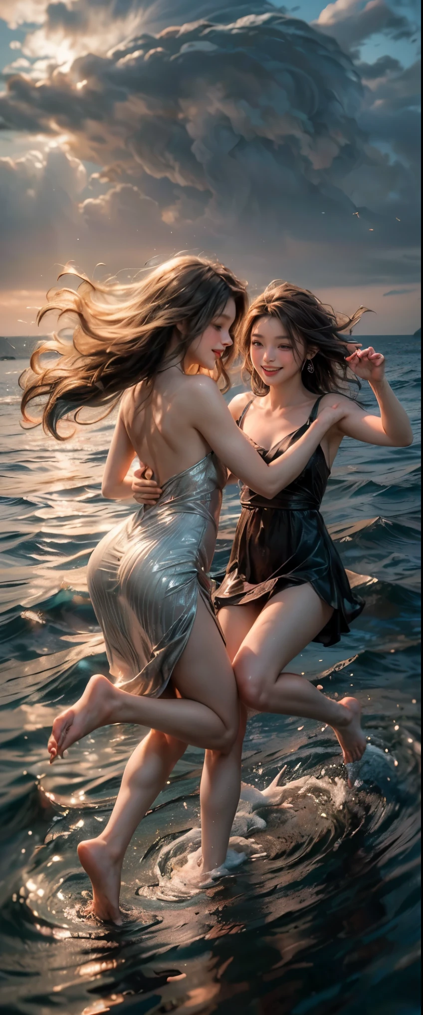 ((masterpiece, highest quality, Highest image quality, High resolution, photorealistic, Raw photo, 8K)), People Dancing on the Sea Surface, Two women in short dresses, Smiling, holding hands and dancing, Bare toes, In Dynamic Pose, Beautiful profile of a woman, Ripples spreading across the surface of the water, Angle from above,